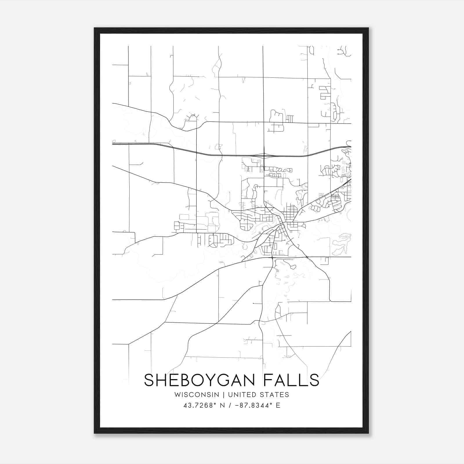 Sheboygan Falls Wisconsin Map Poster, Modern Home Decor Wall Art Print