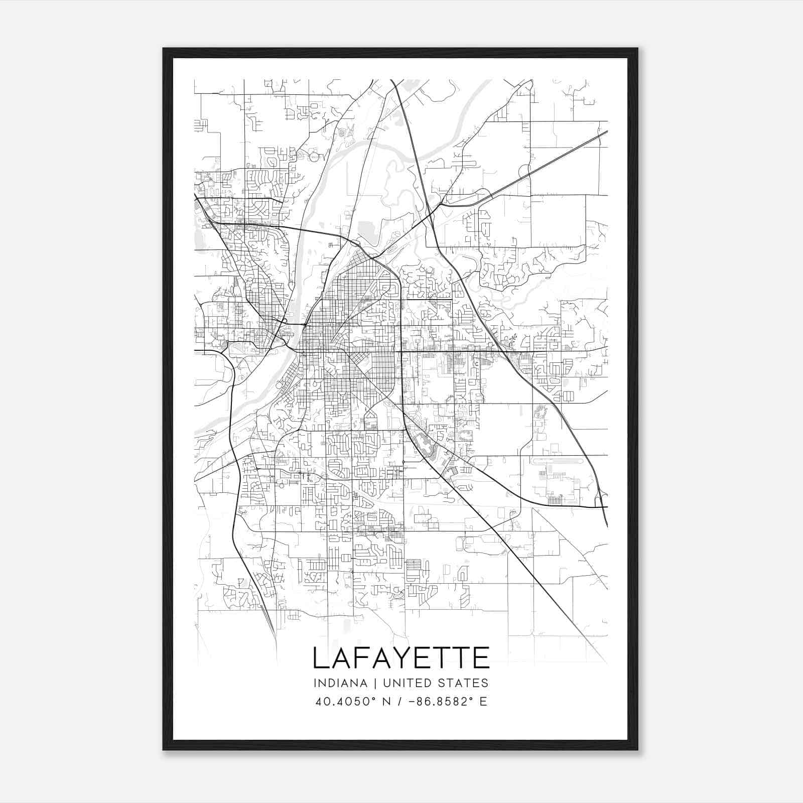 Lafayette Indiana Map Poster, Modern Home Decor Wall Art Print