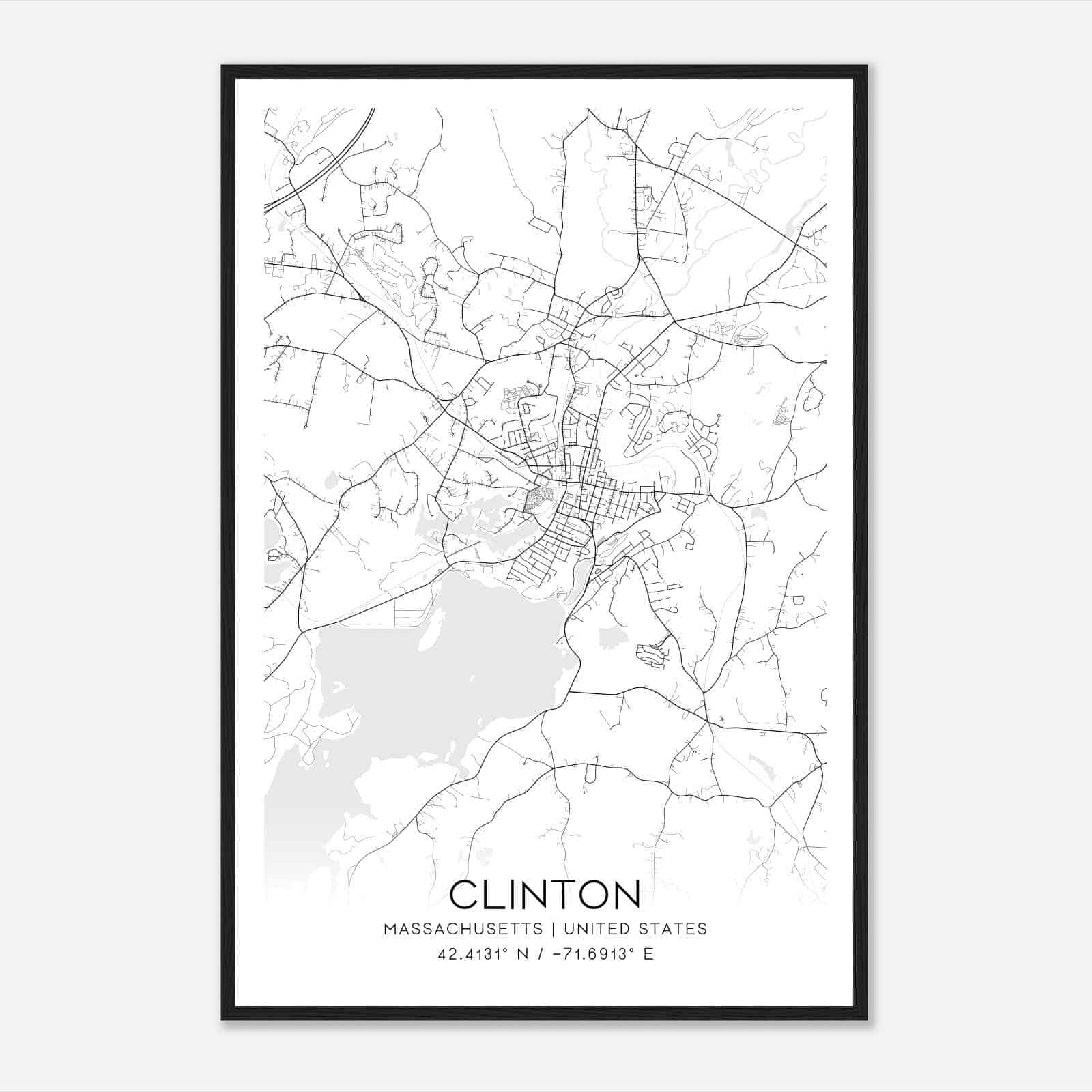 Clinton Massachusetts Map Poster, Modern Home Decor Wall Art Print