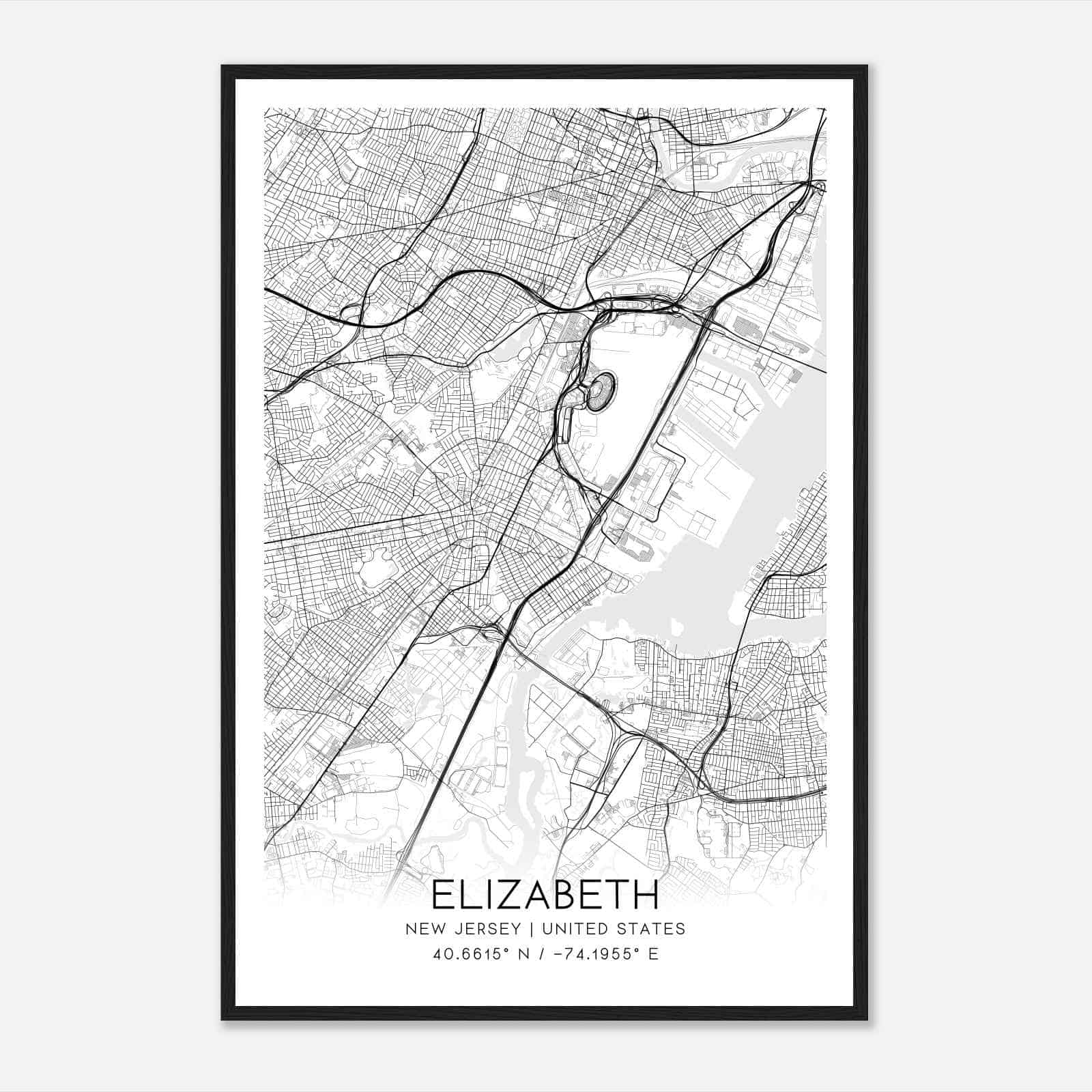 Elizabeth New Jersey Map Poster, Modern Home Decor Wall Art Print