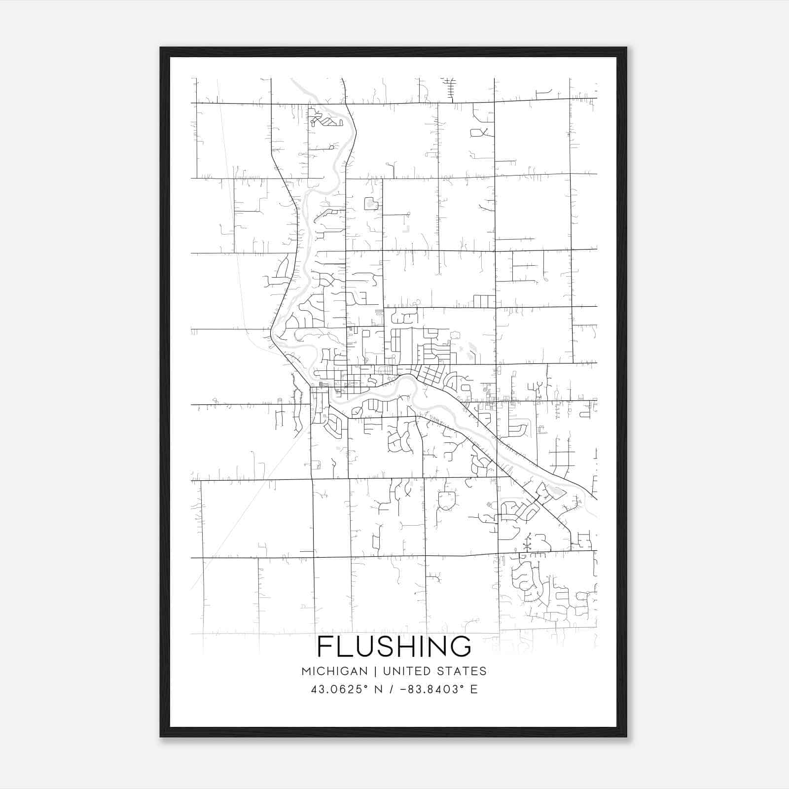 Flushing Michigan Map Poster, Modern Home Decor Wall Art Print