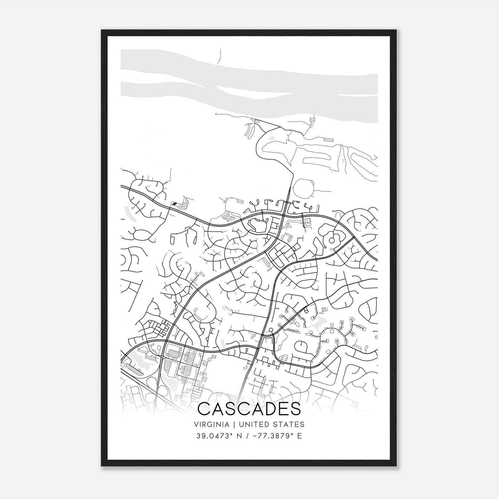 Cascades Virginia Map Poster, Modern Home Decor Wall Art Print