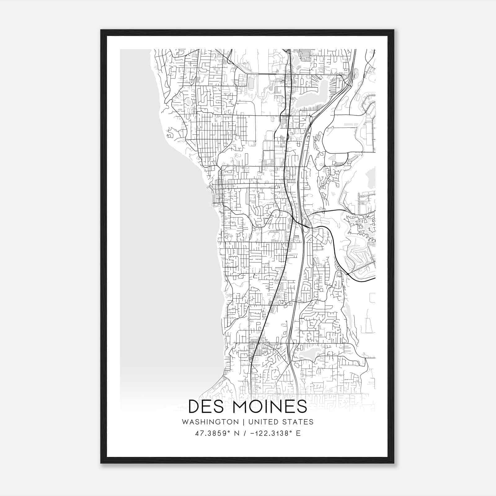 Des Moines Washington Map Poster, Modern Home Decor Wall Art Print