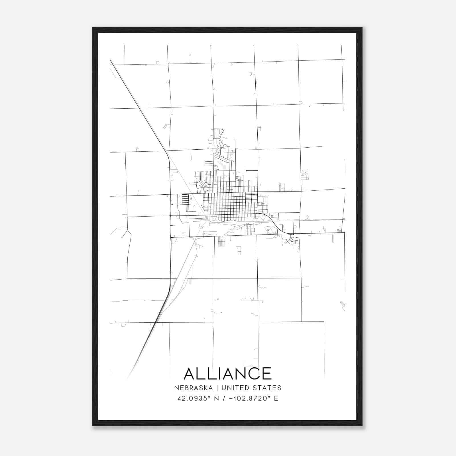 Alliance Nebraska Map Poster, Modern Home Decor Wall Art Print