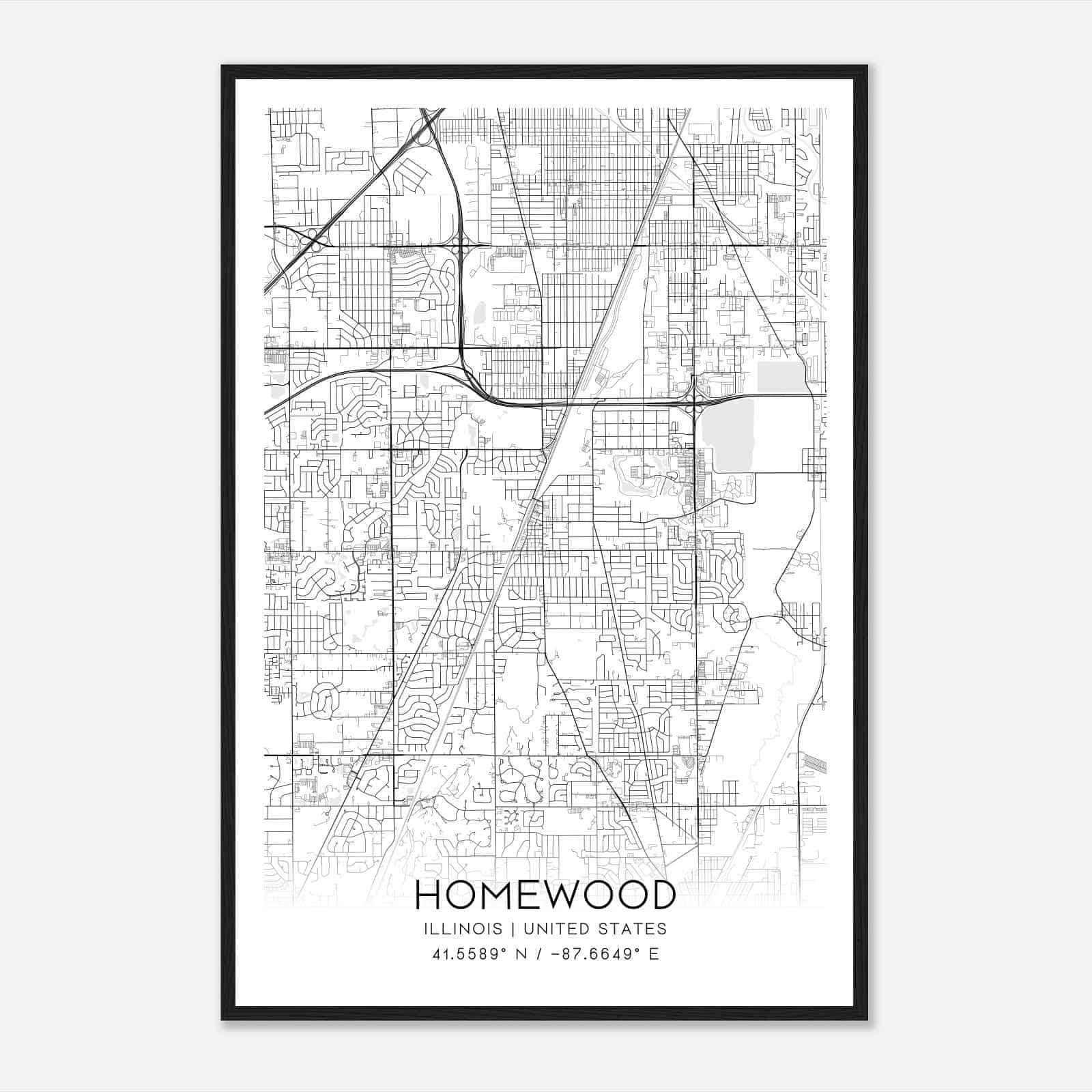 Homewood Illinois Map Poster, Modern Home Decor Wall Art Print