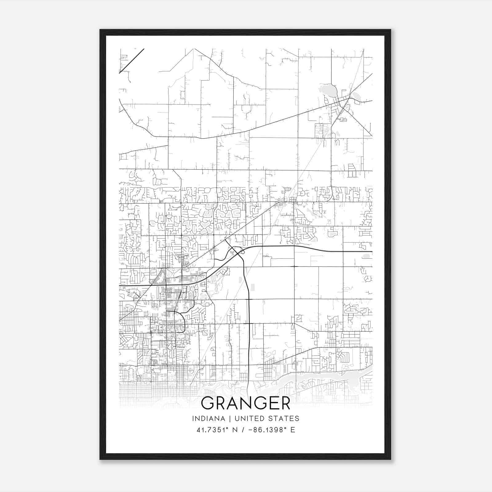 Granger Indiana Map Poster, Modern Home Decor Wall Art Print