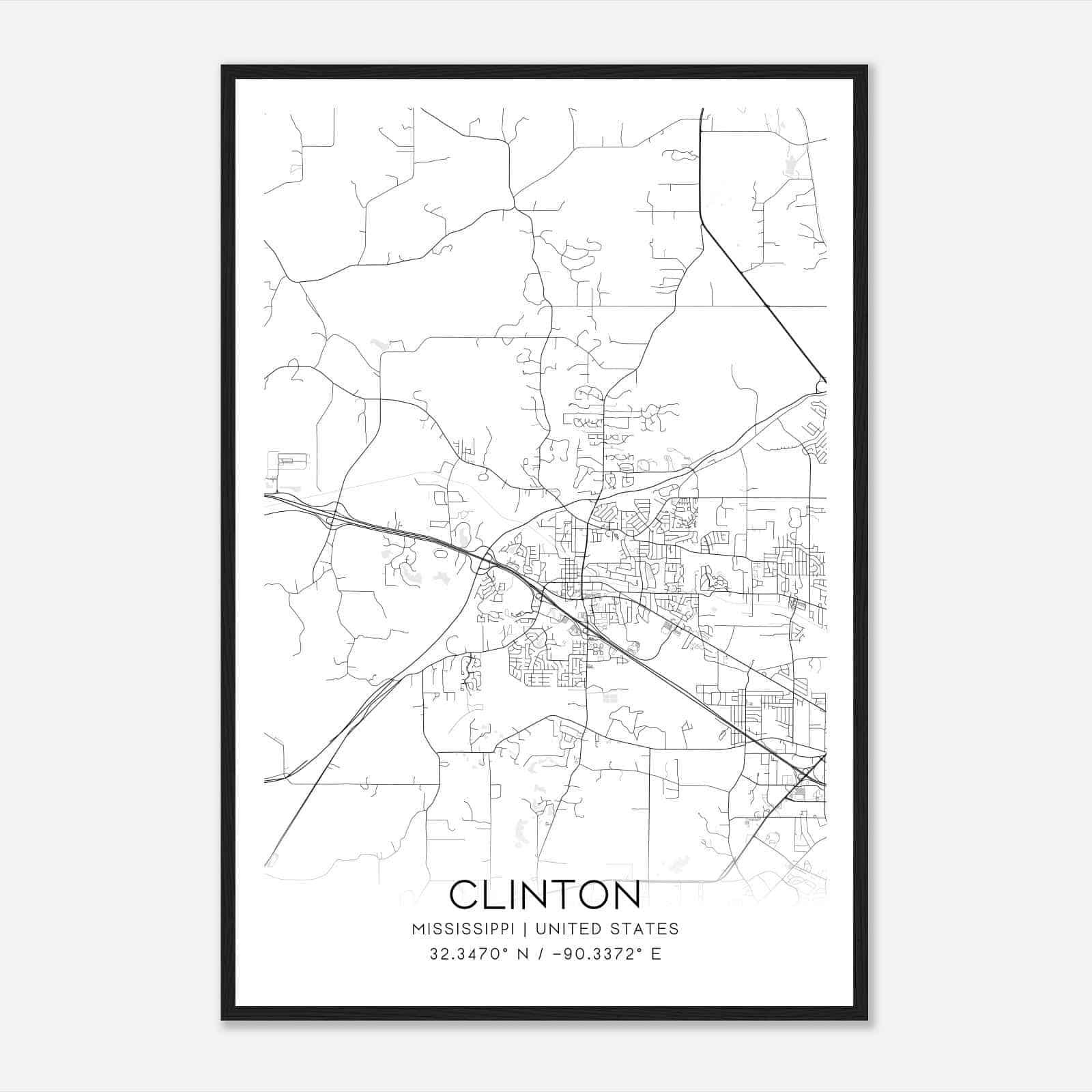 Clinton Mississippi Map Poster, Modern Home Decor Wall Art Print