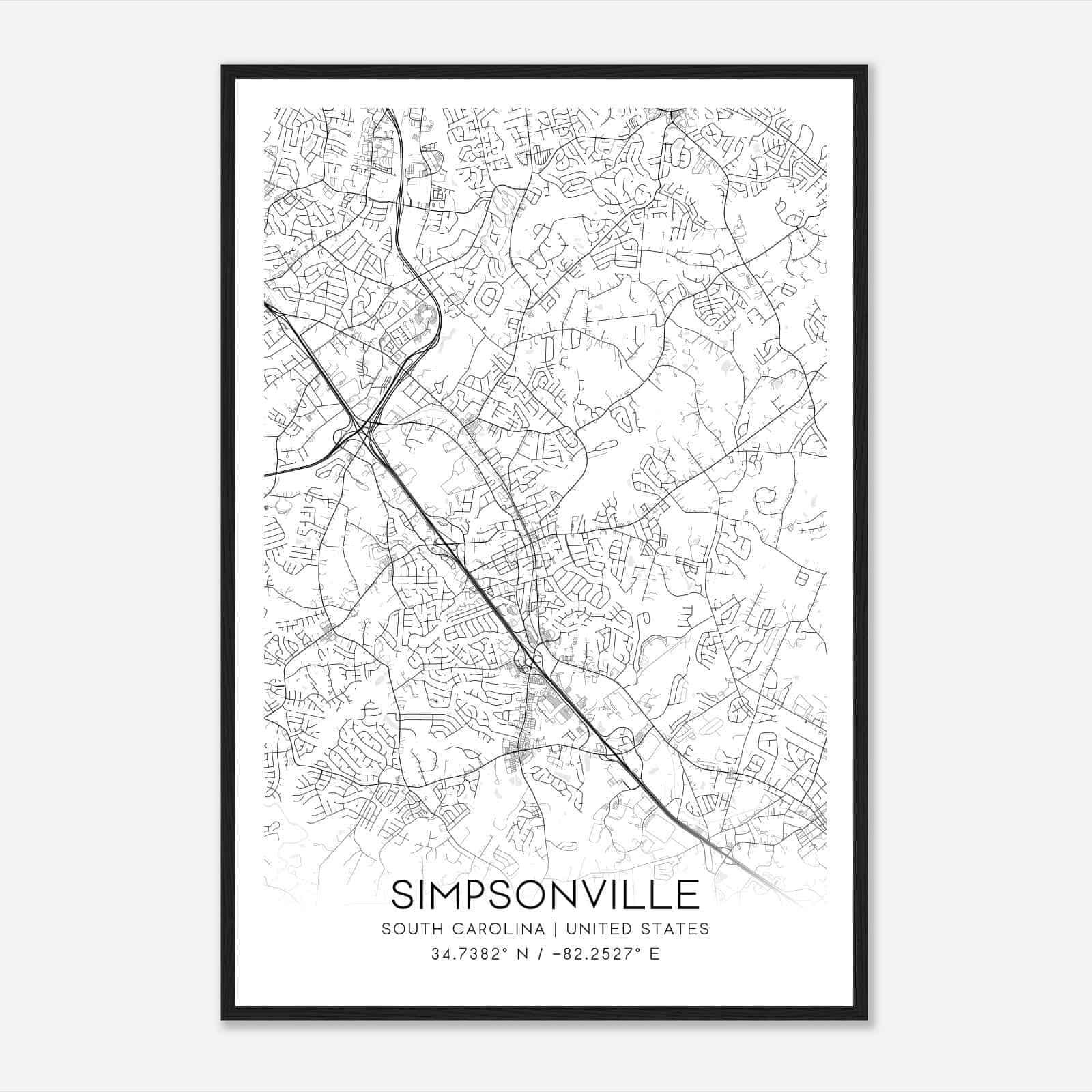 Simpsonville South Carolina Map Poster, Modern Home Decor Wall Art Print