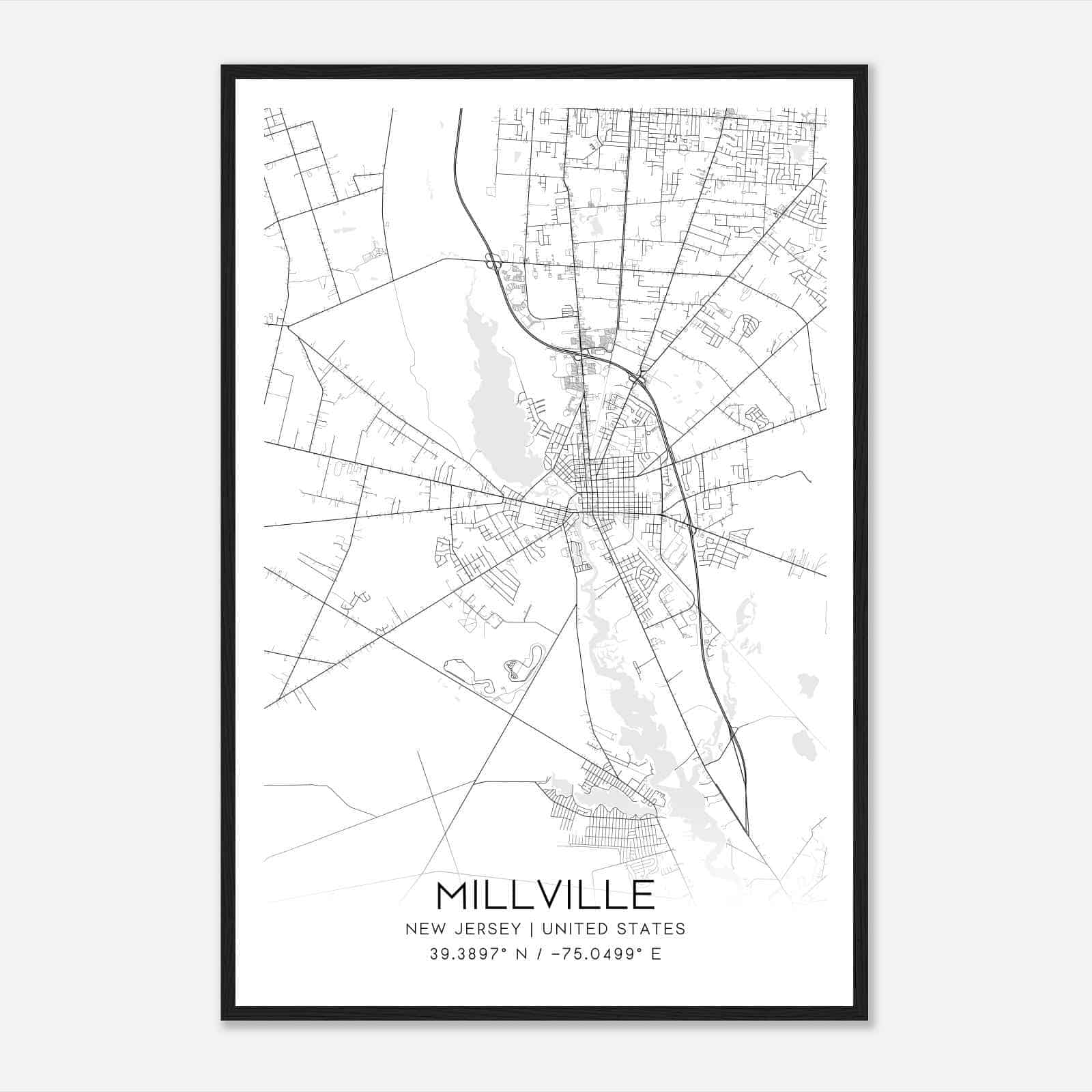 Millville New Jersey Map Poster, Modern Home Decor Wall Art Print