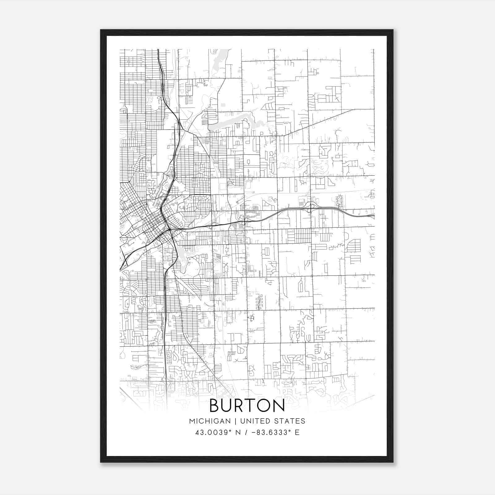 Burton Michigan Map Poster, Modern Home Decor Wall Art Print