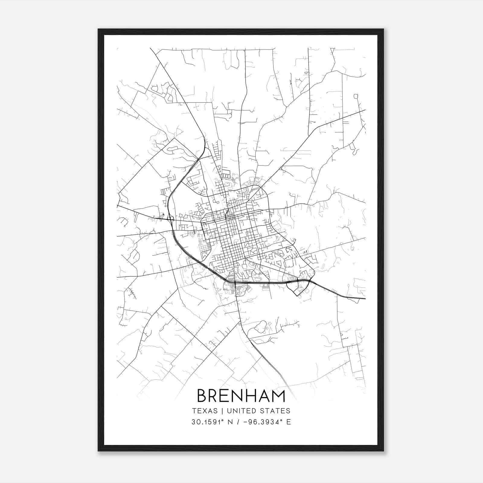 Brenham Texas Map Poster, Modern Home Decor Wall Art Print
