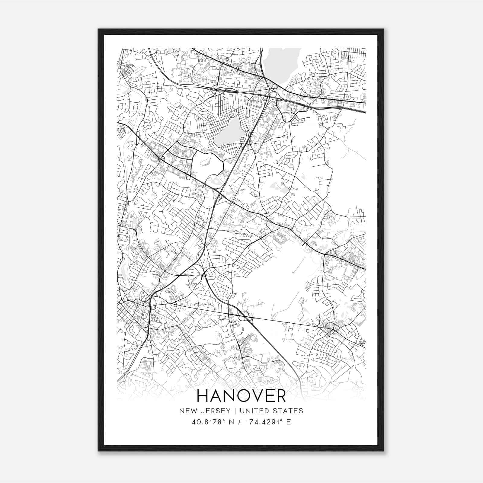 Hanover New Jersey Map Poster, Modern Home Decor Wall Art Print