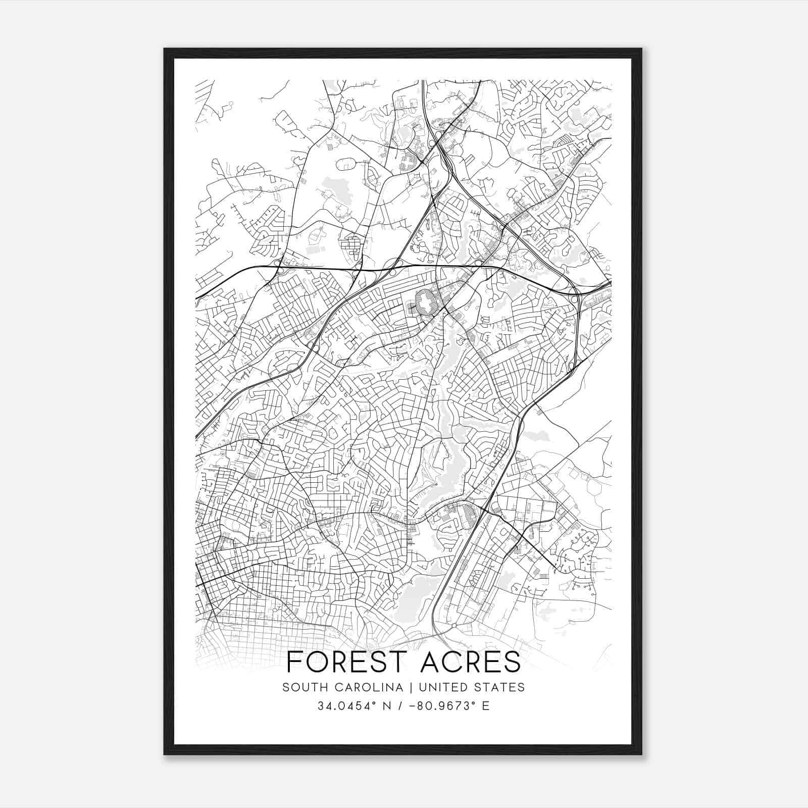 Forest Acres South Carolina Map Poster, Modern Home Decor Wall Art Print