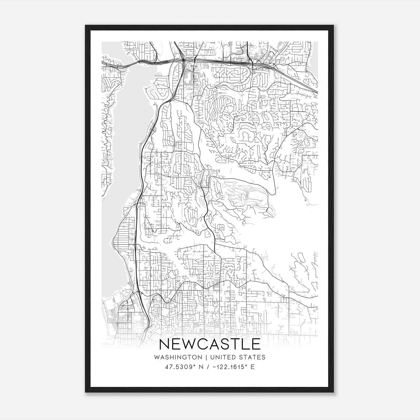 Newcastle Washington Map Poster, Modern Home Decor Wall Art Print