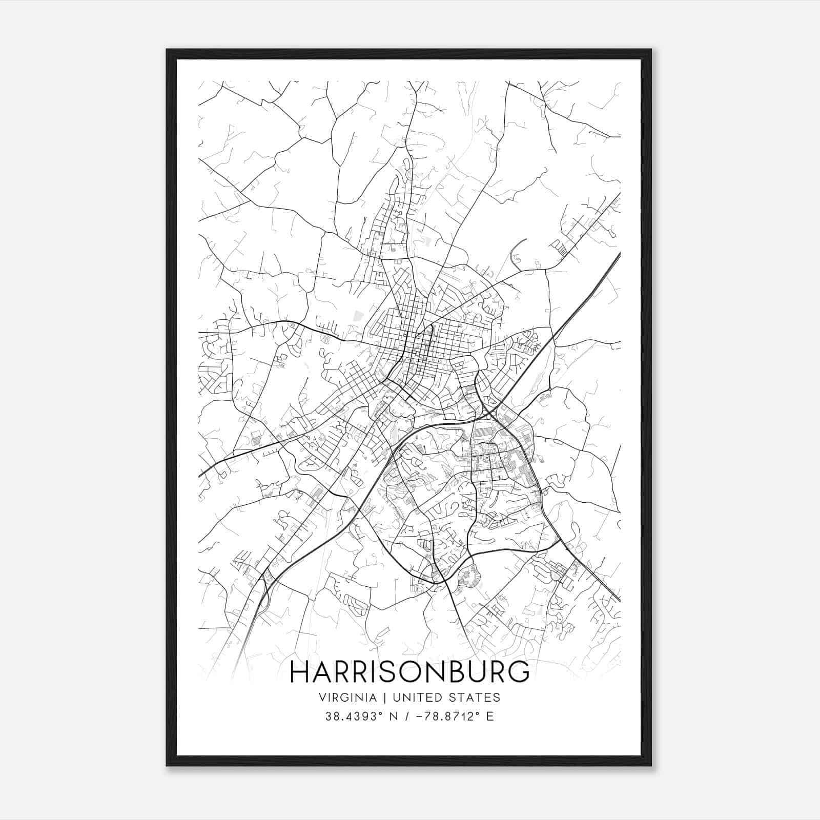 Harrisonburg Virginia Map Poster, Modern Home Decor Wall Art Print