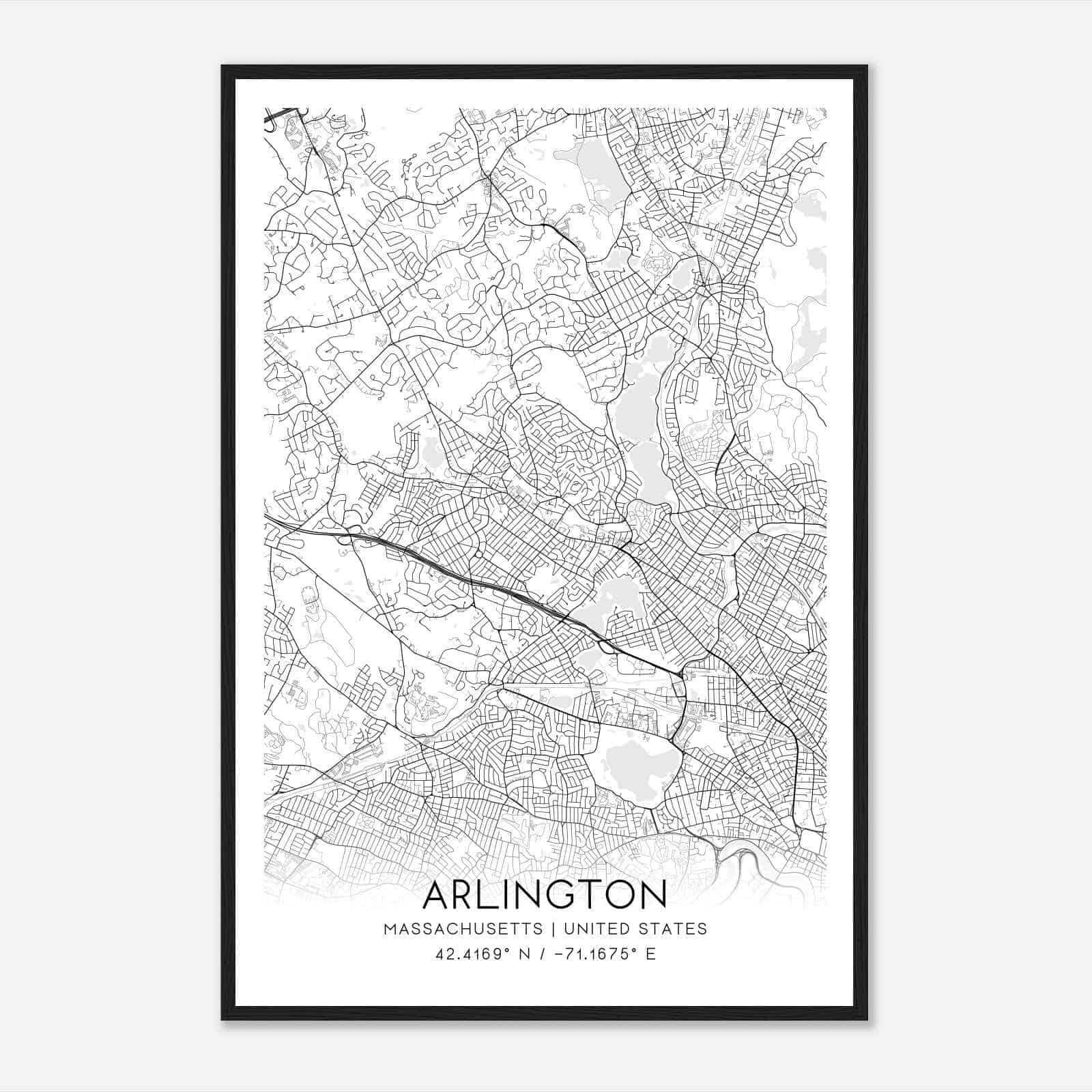 Arlington Massachusetts Map Poster, Modern Home Decor Wall Art Print