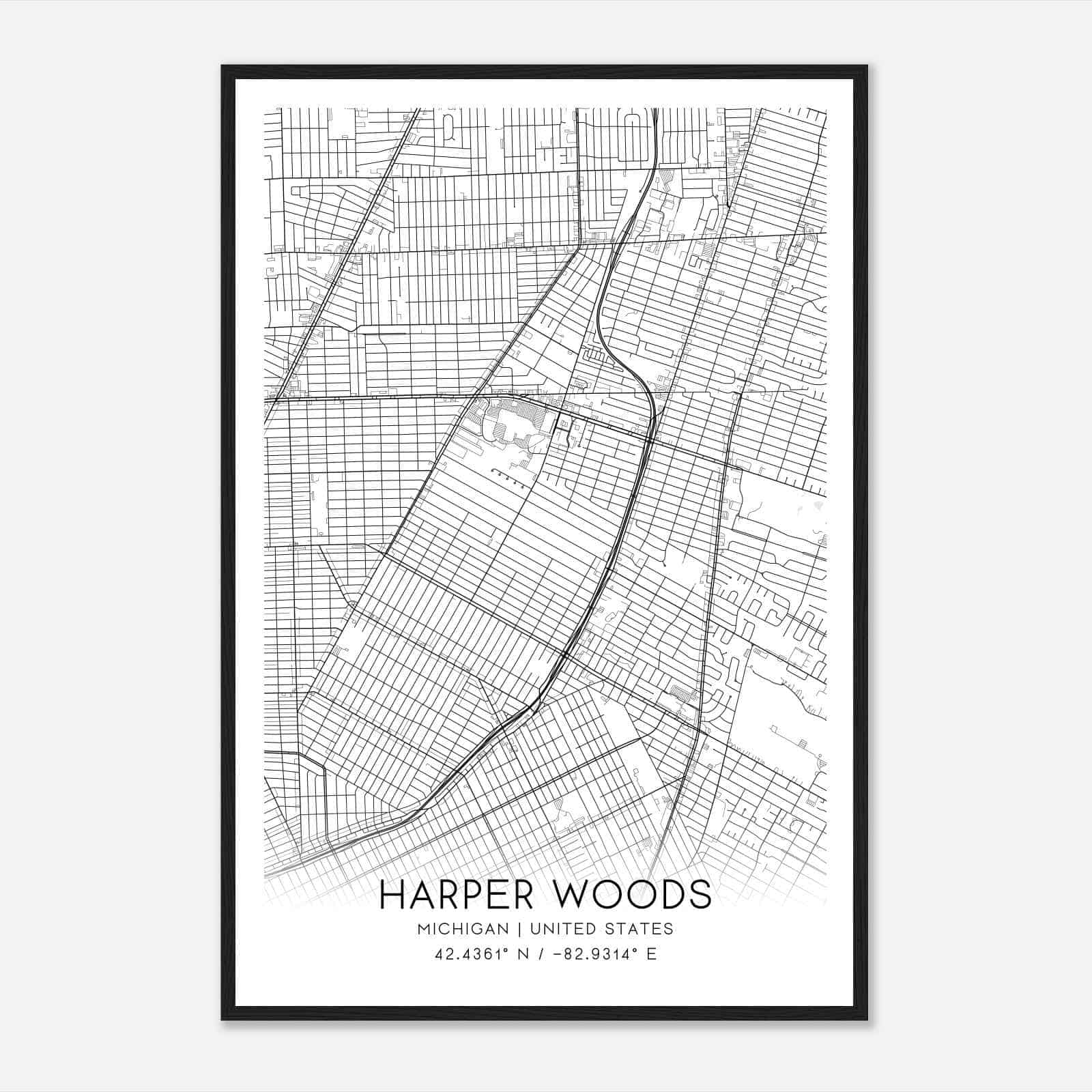 Harper Woods Michigan Map Poster, Modern Home Decor Wall Art Print