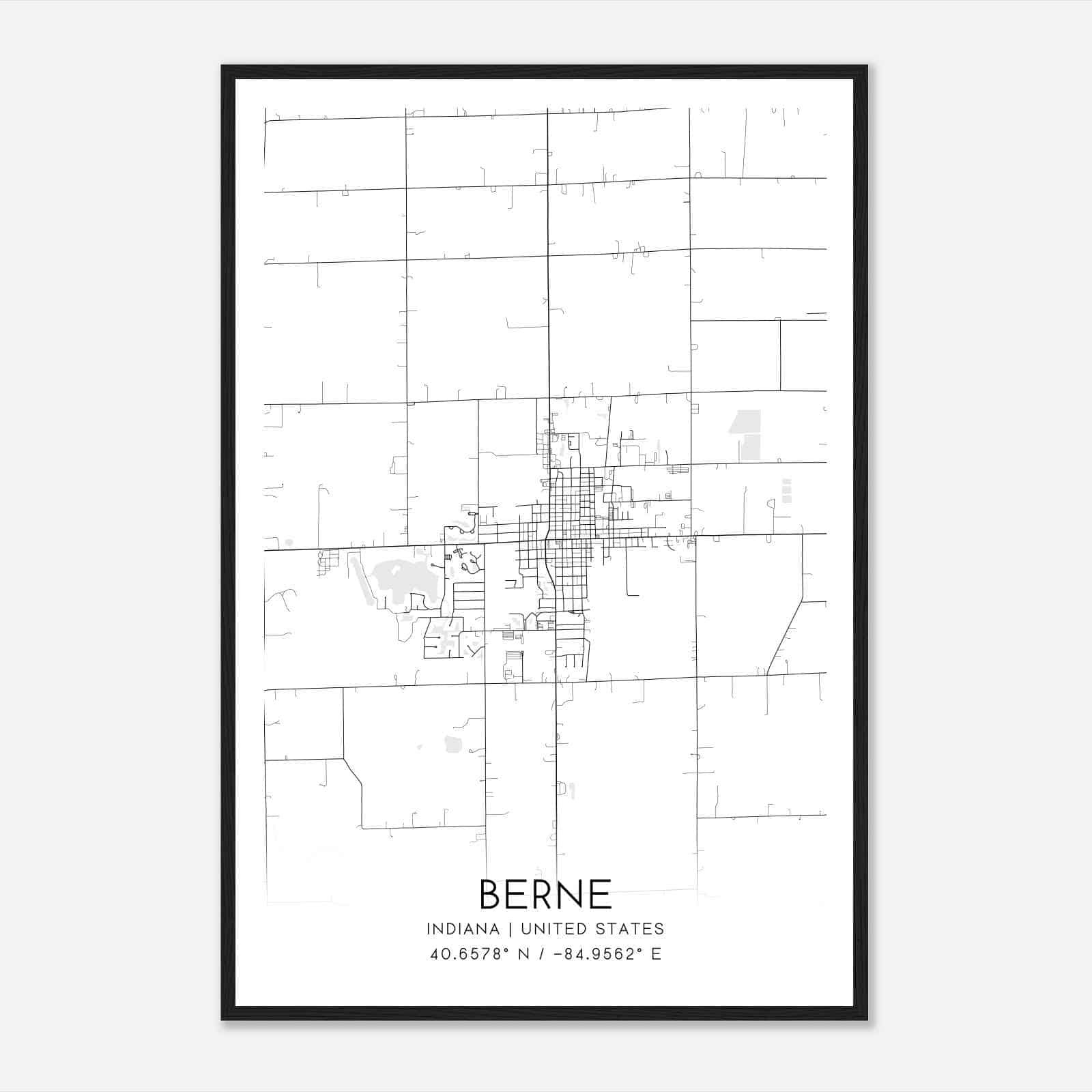 Berne Indiana Map Poster, Modern Home Decor Wall Art Print
