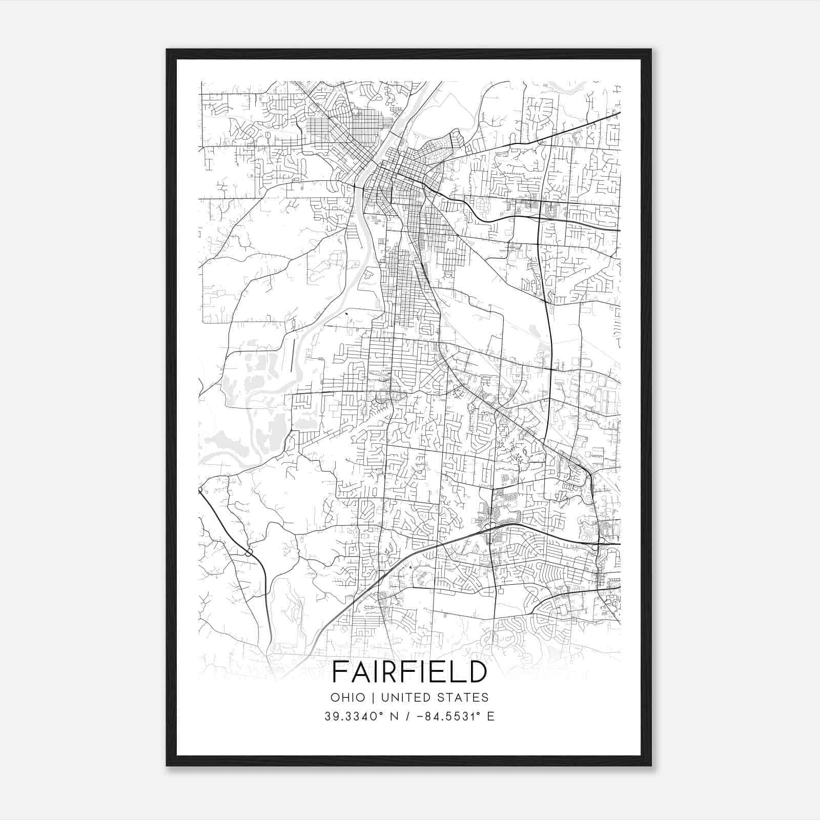 Fairfield Ohio Map Poster, Modern Home Decor Wall Art Print