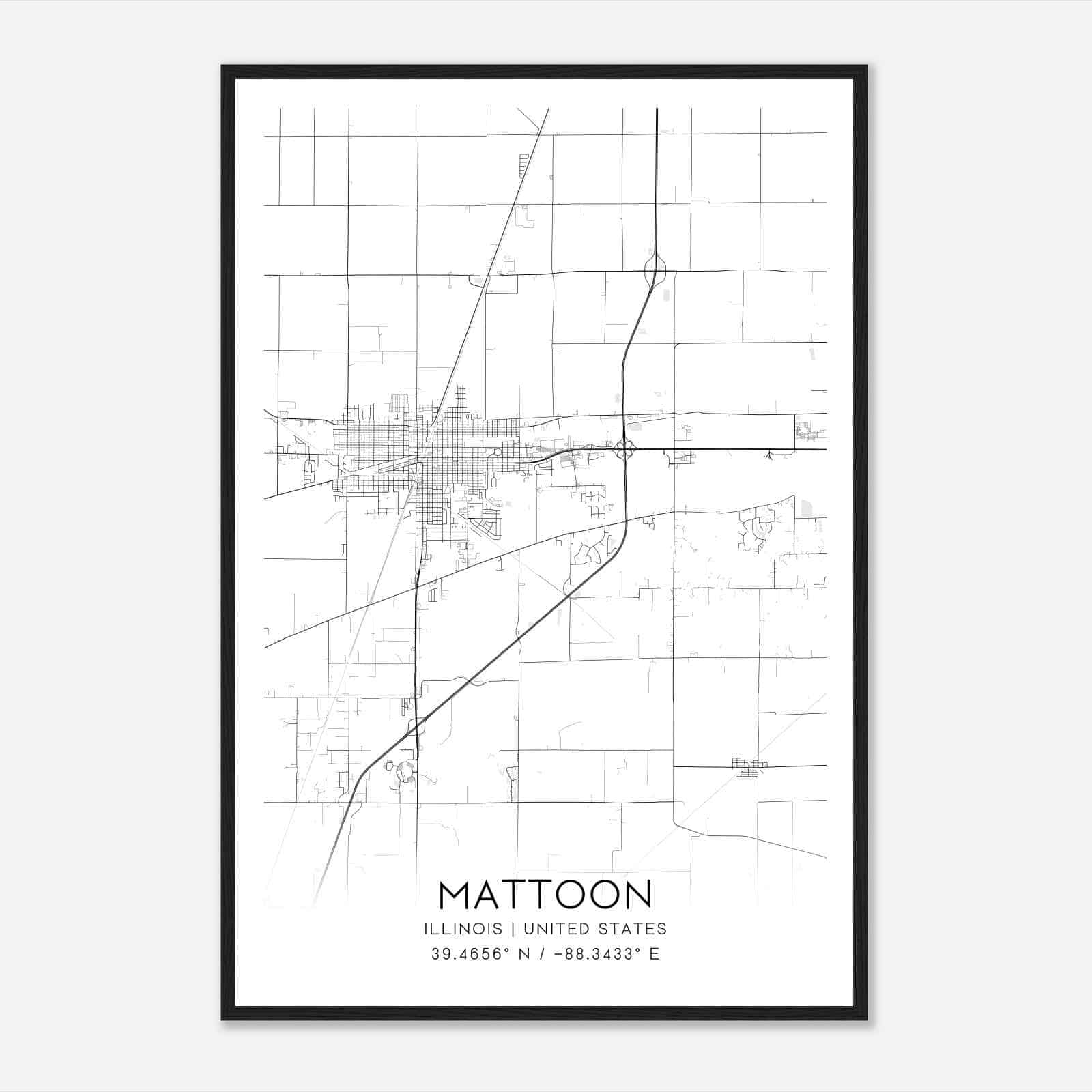 Mattoon Illinois Map Poster, Modern Home Decor Wall Art Print