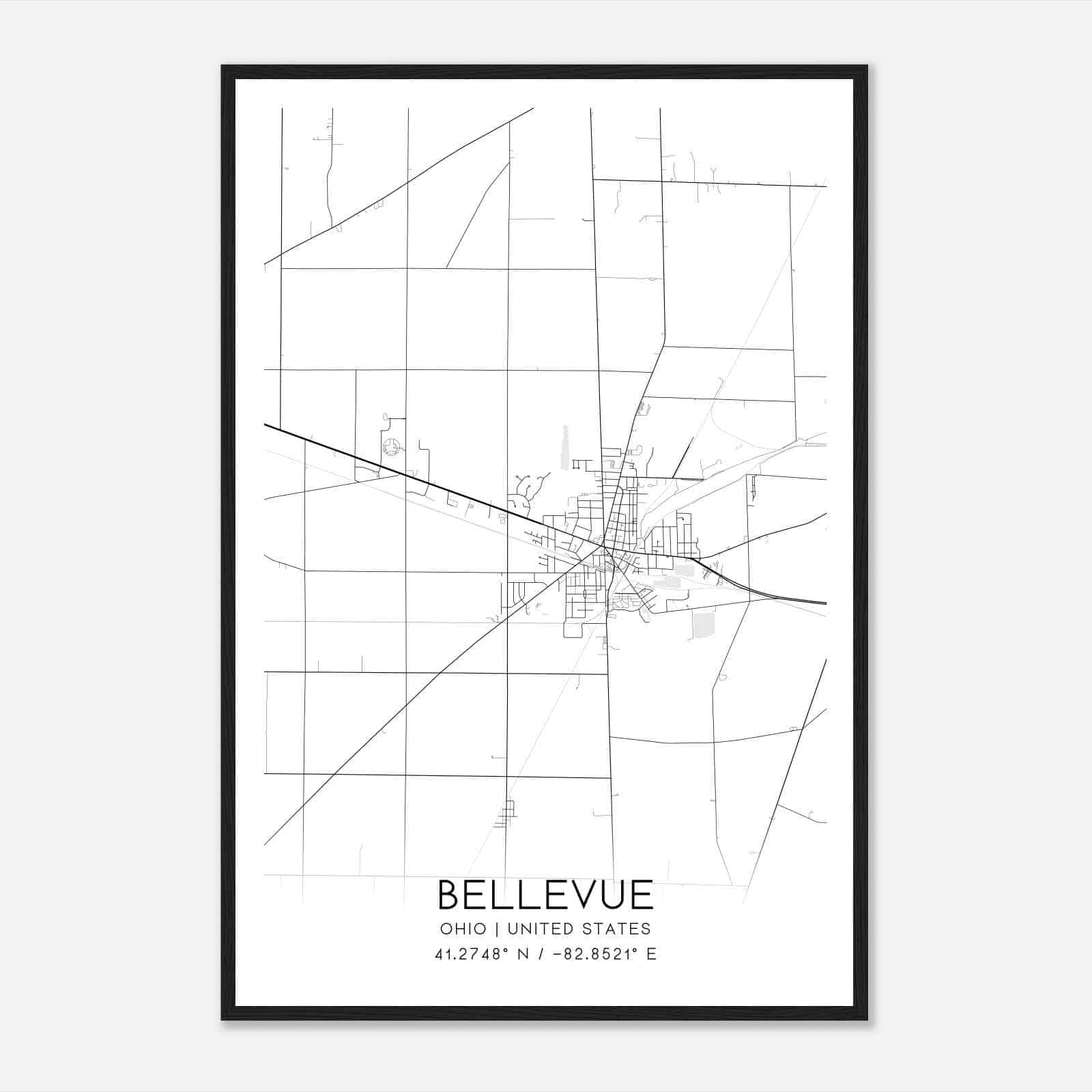 Bellevue Ohio Map Poster, Modern Home Decor Wall Art Print