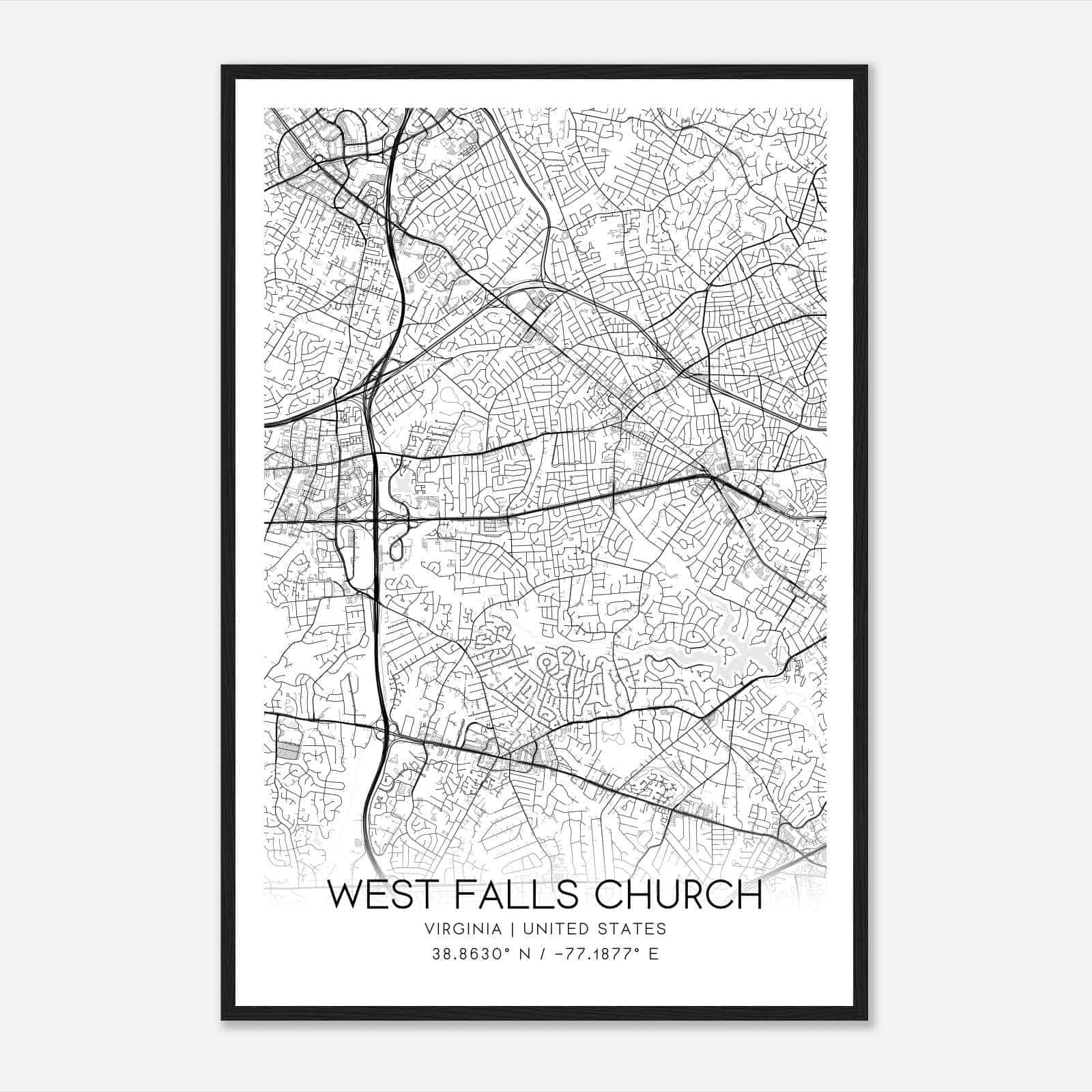 West Falls Church Virginia Map Poster, Modern Home Decor Wall Art Print