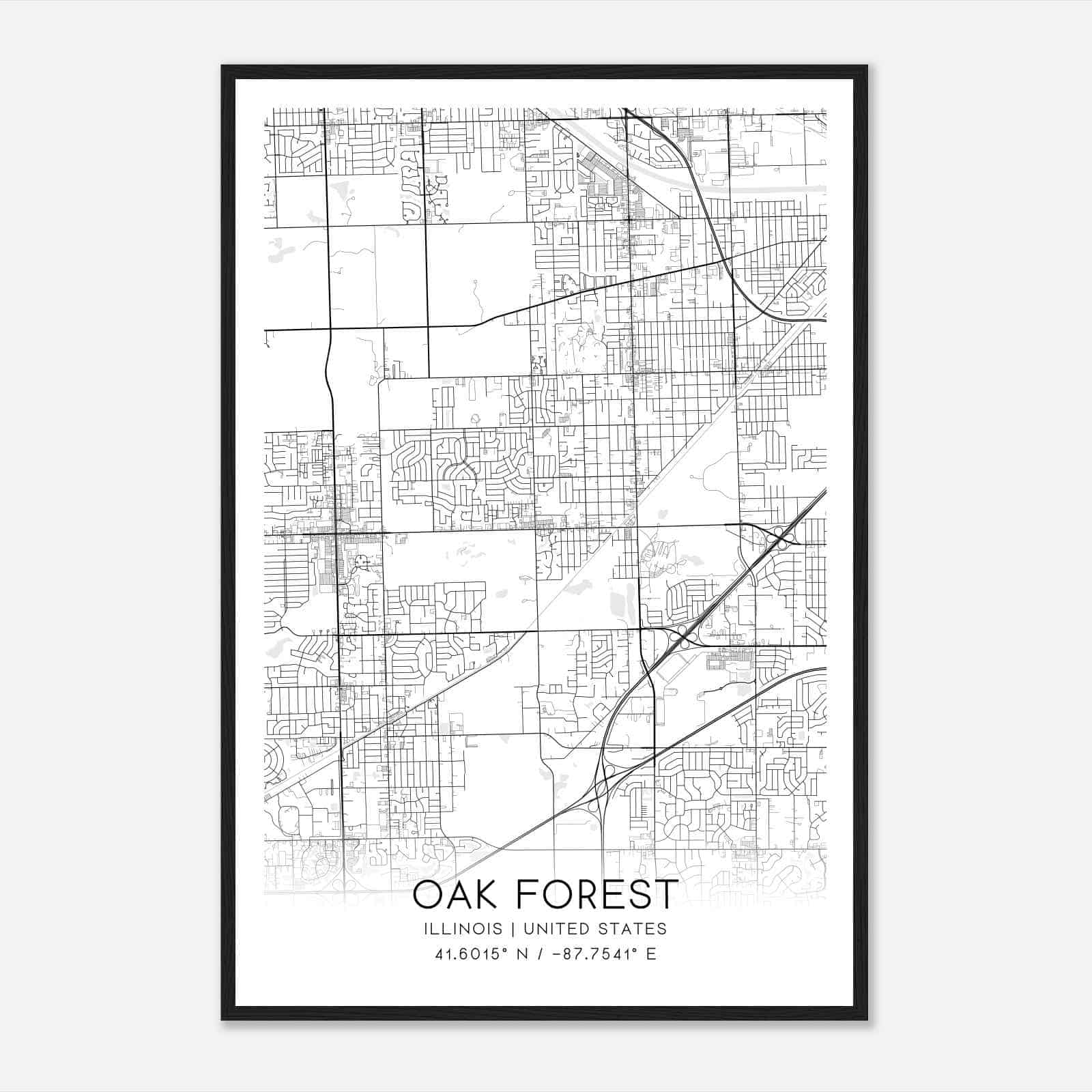 Oak Forest Illinois Map Poster, Modern Home Decor Wall Art Print