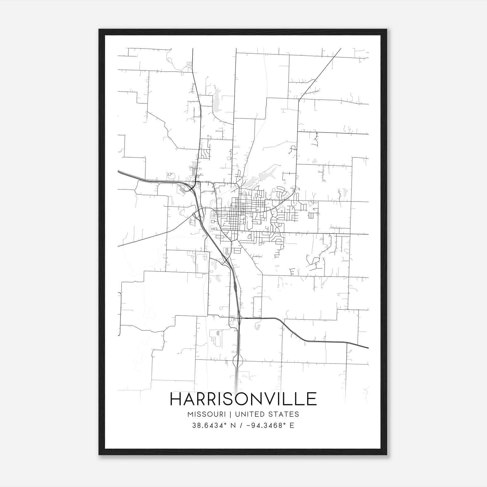 Harrisonville Missouri Map Poster, Modern Home Decor Wall Art Print