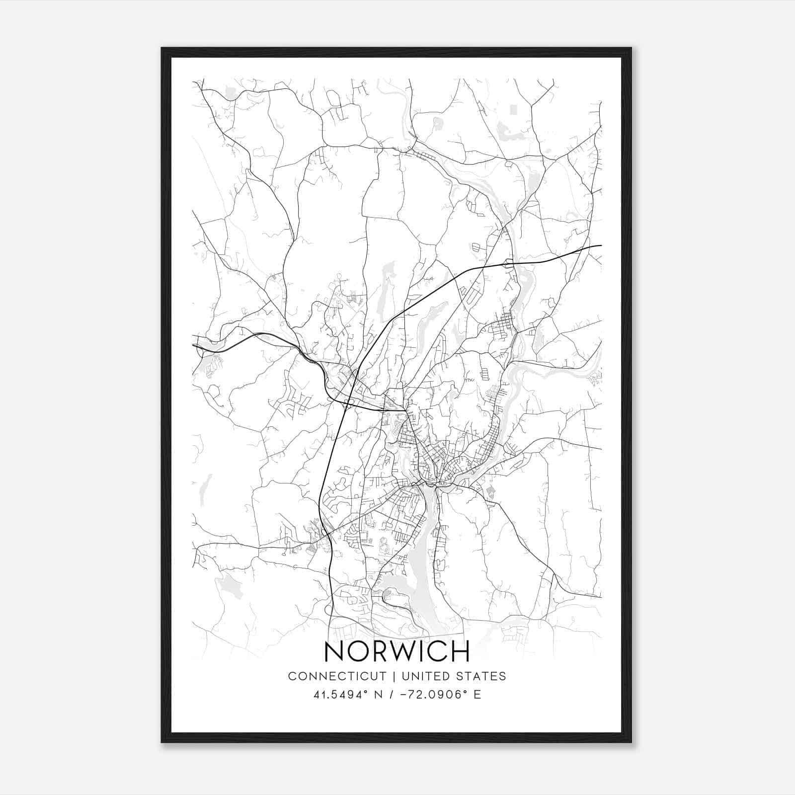 Norwich Connecticut Map Poster, Modern Home Decor Wall Art Print