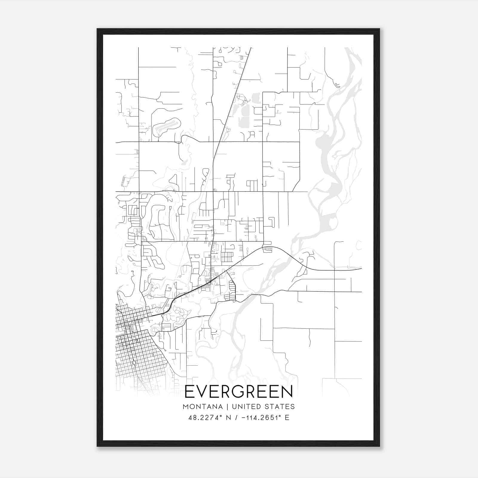 Evergreen Montana Map Poster, Modern Home Decor Wall Art Print