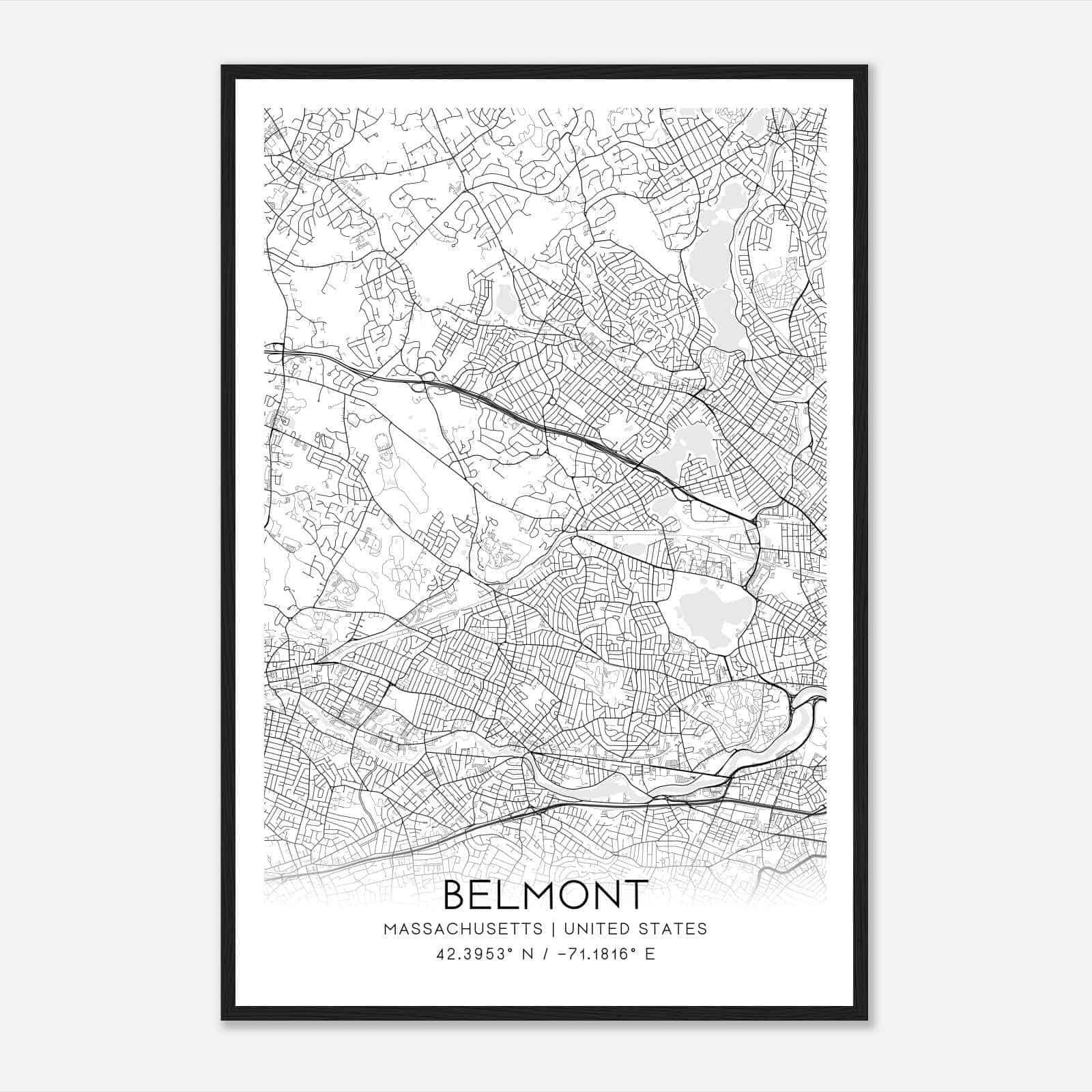 Belmont Massachusetts Map Poster, Modern Home Decor Wall Art Print