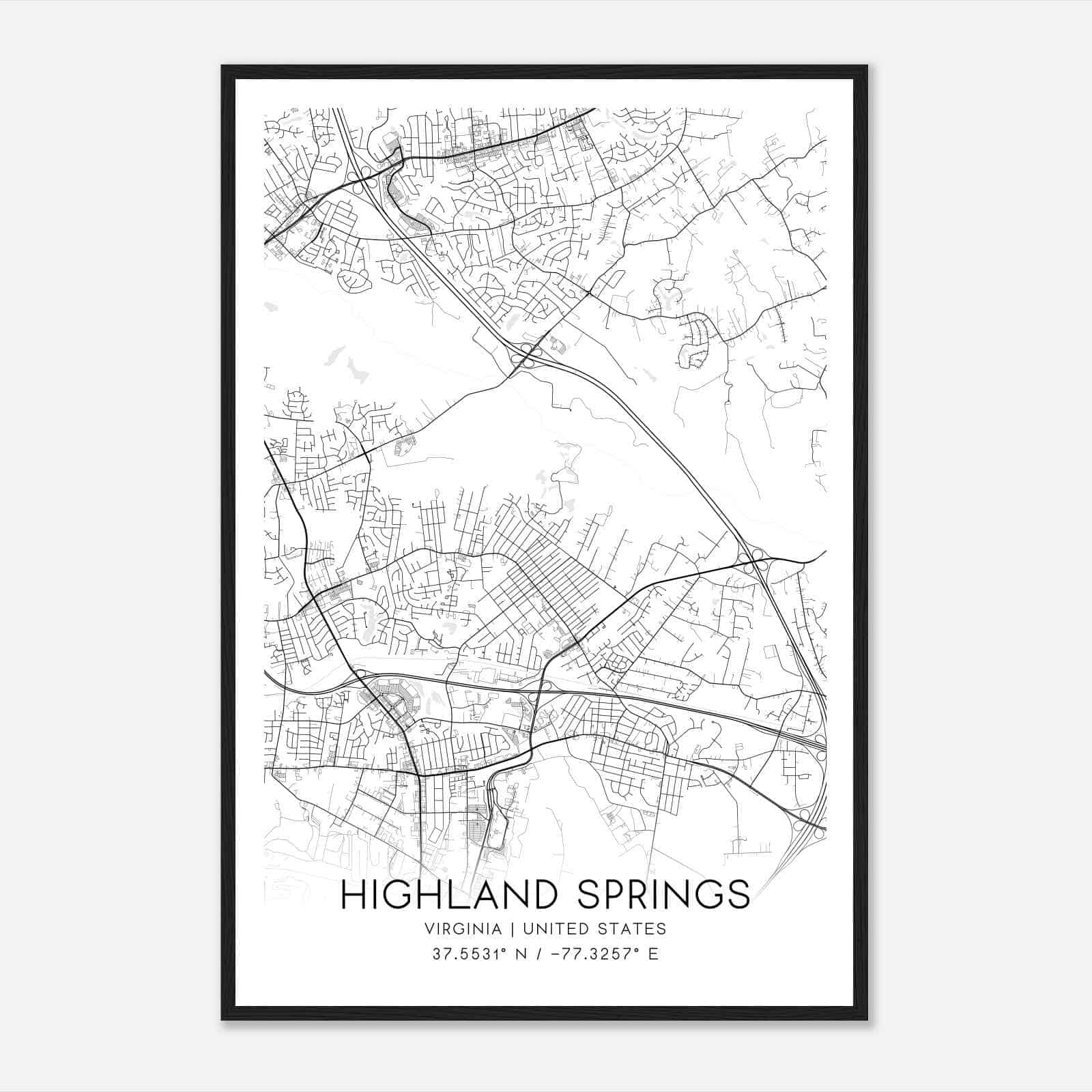 Highland Springs Virginia Map Poster, Modern Home Decor Wall Art Print