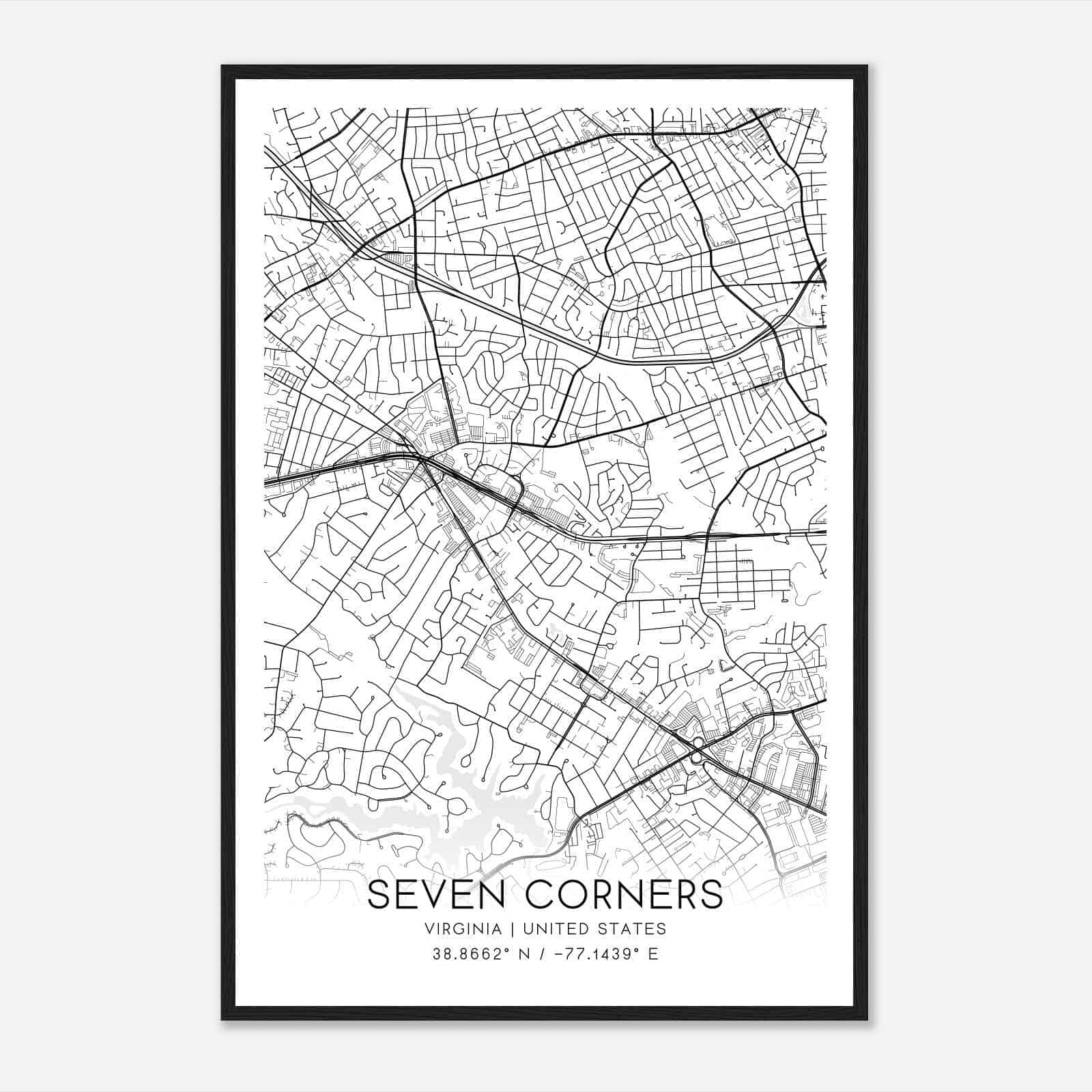 Seven Corners Virginia Map Poster, Modern Home Decor Wall Art Print Seven Corners Virginia Map Poster, Modern Home Decor Wall Art Print