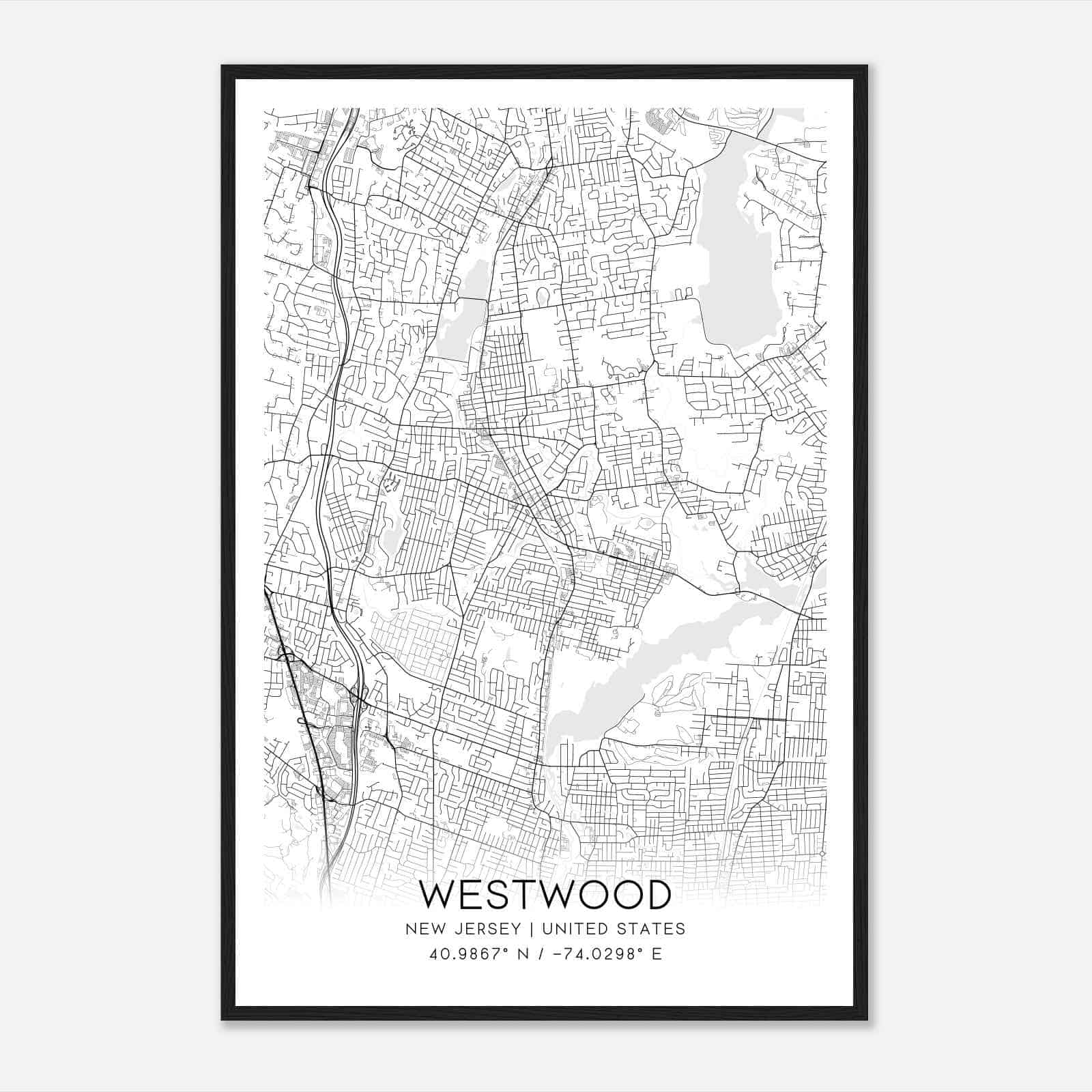 Westwood New Jersey Map Poster, Modern Home Decor Wall Art Print