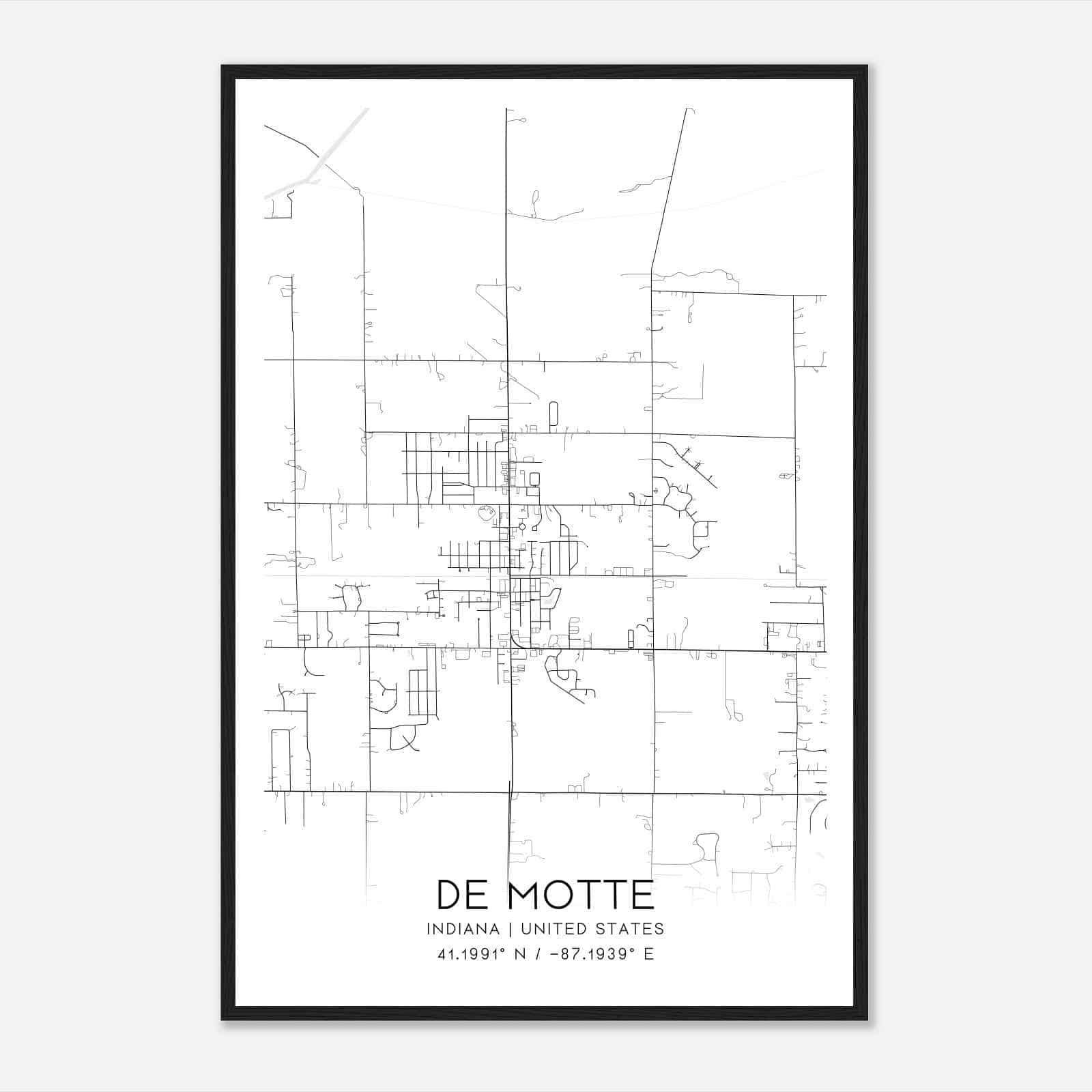 De Motte Indiana Map Poster, Modern Home Decor Wall Art Print