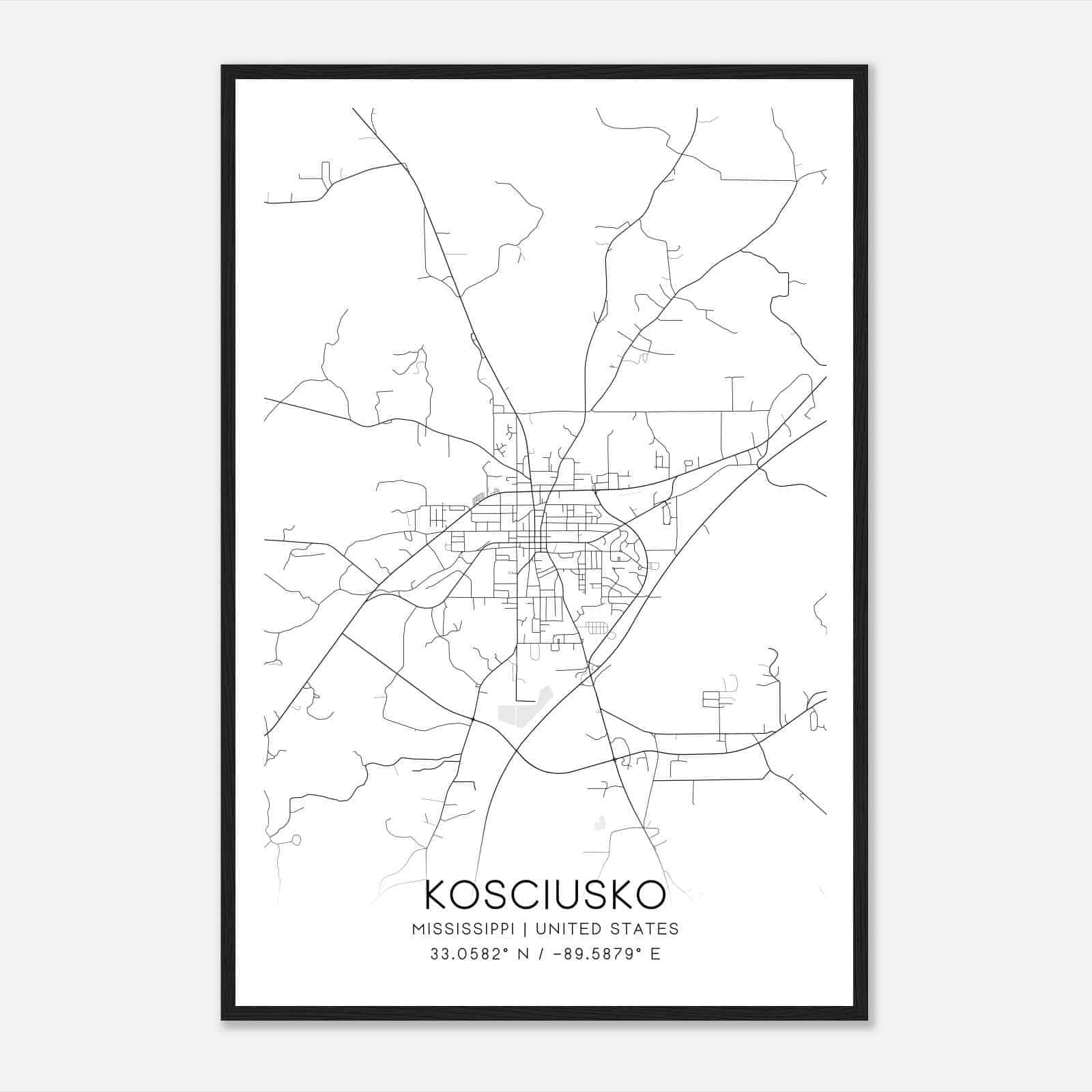 Kosciusko Mississippi Map Poster, Modern Home Decor Wall Art Print