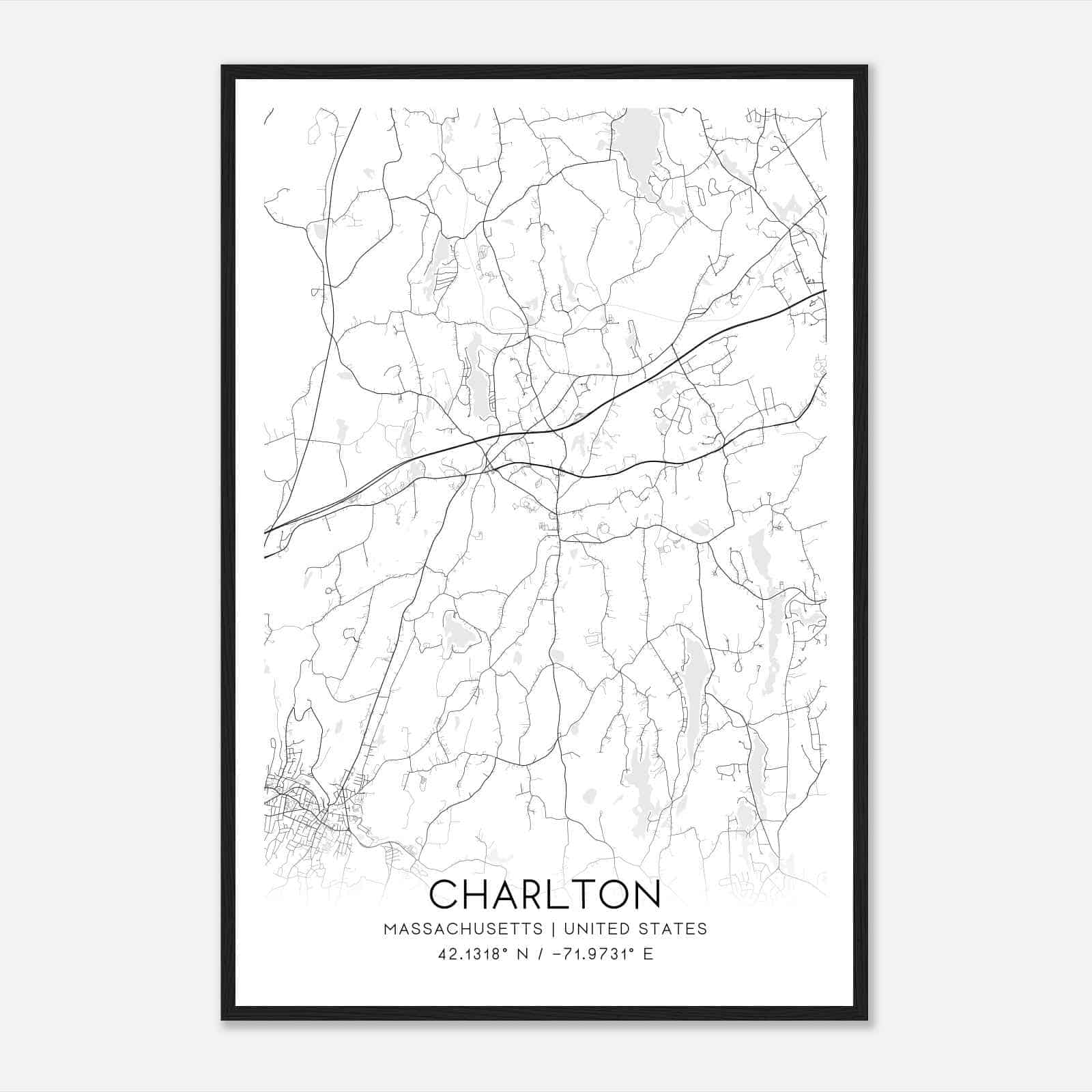 Charlton Massachusetts Map Poster, Modern Home Decor Wall Art Print