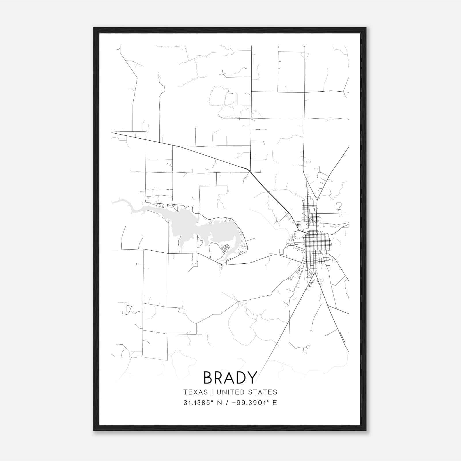 Brady Texas Map Poster, Modern Home Decor Wall Art Print