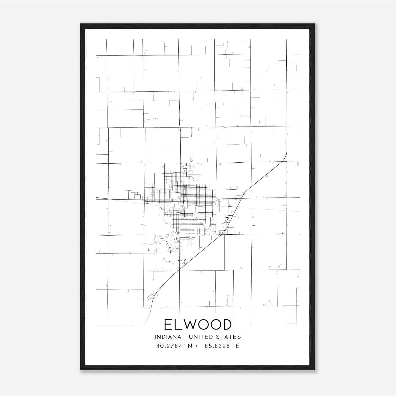 Elwood Indiana Map Poster, Modern Home Decor Wall Art Print