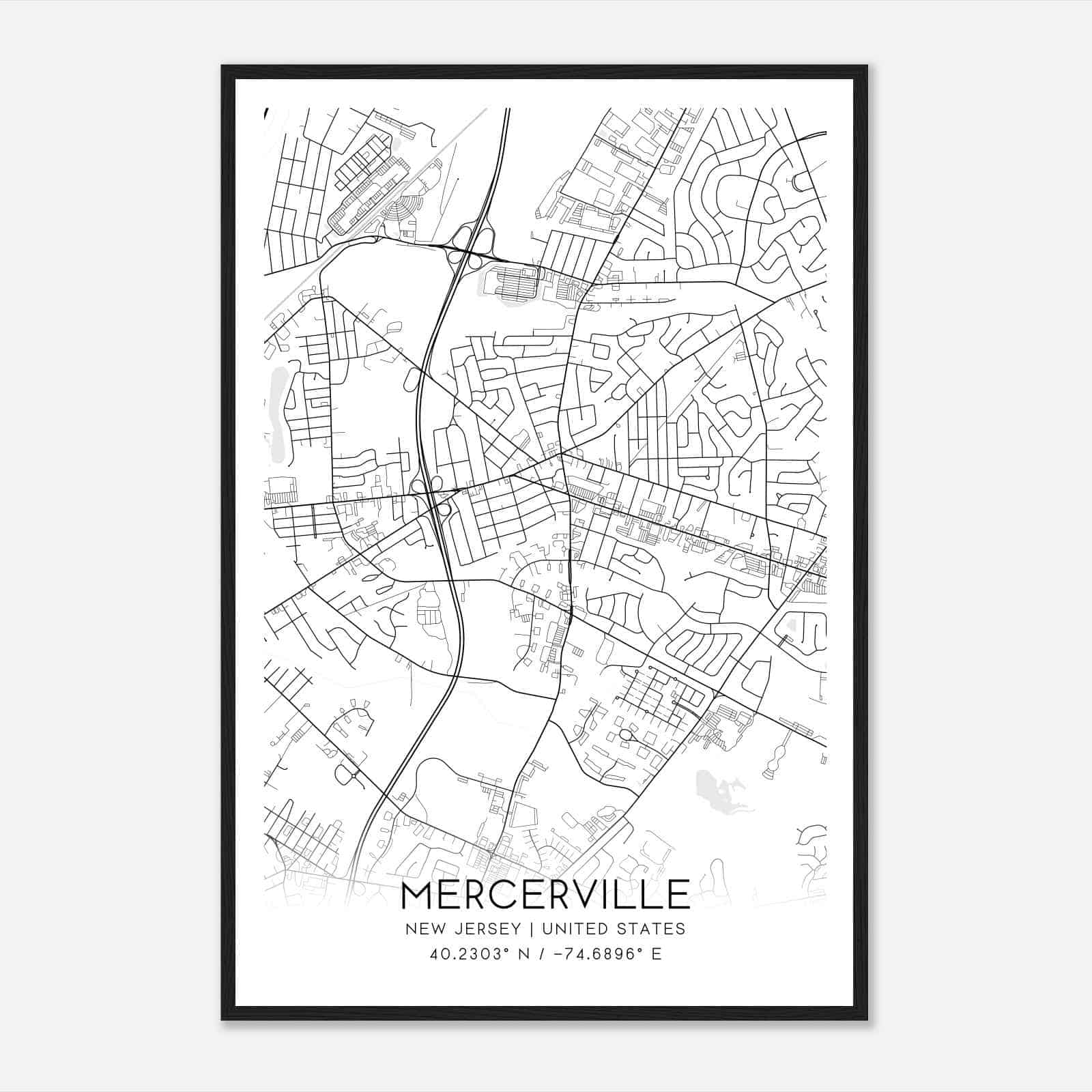 Mercerville New Jersey Map Poster, Modern Home Decor Wall Art Print