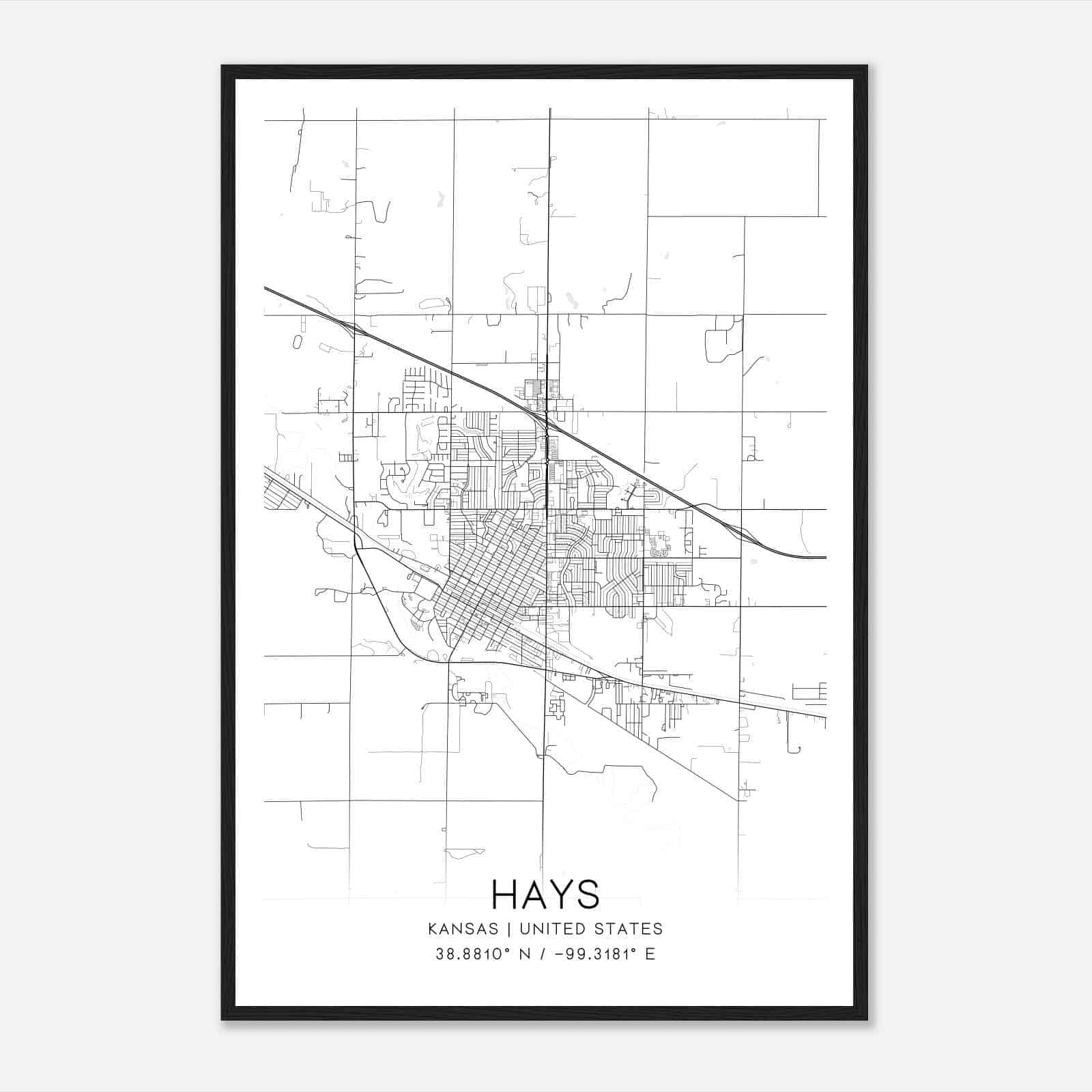 Hays Kansas Map Poster, Modern Home Decor Wall Art Print