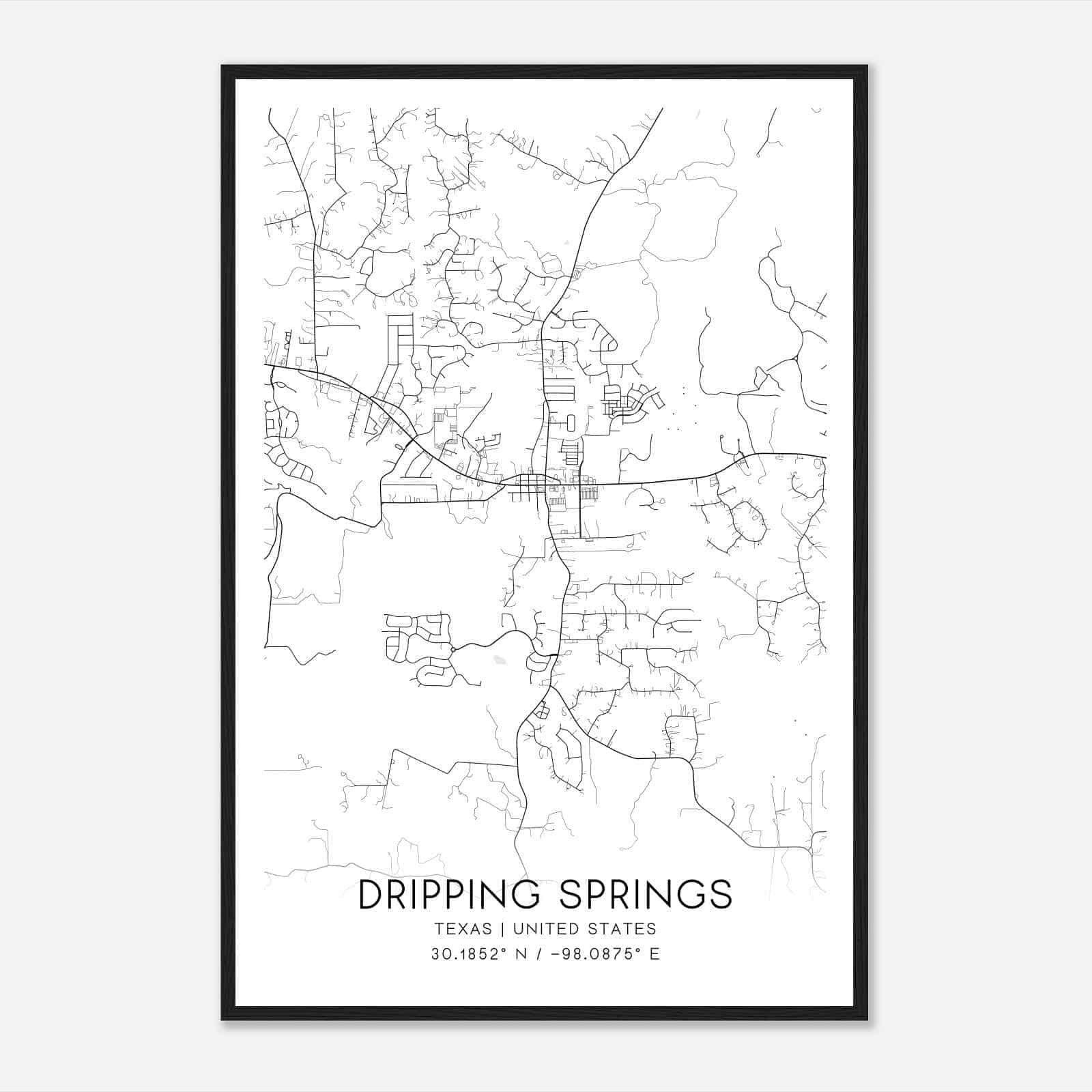 Dripping Springs Texas Map Poster, Modern Home Decor Wall Art Print