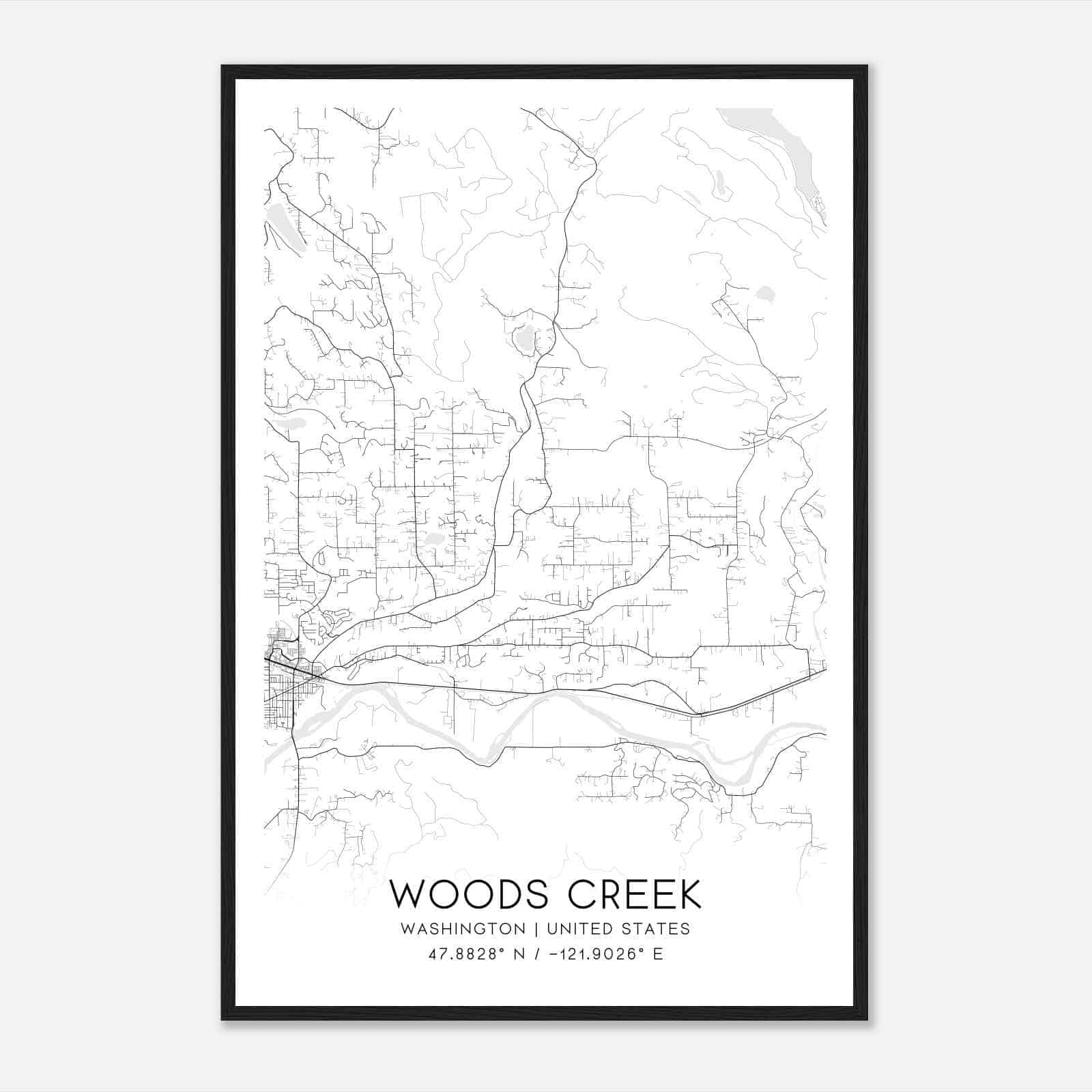 Woods Creek Washington Map Poster, Modern Home Decor Wall Art Print