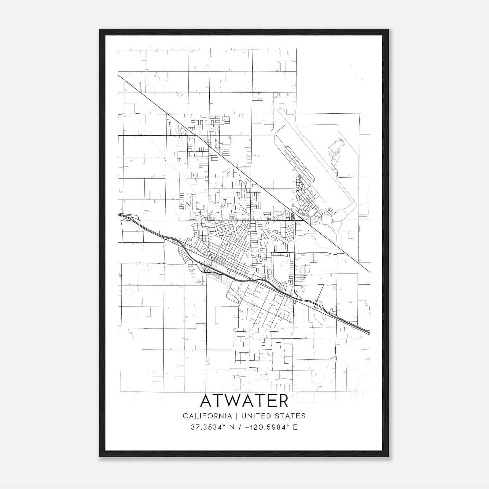 Atwater California Map Poster, Modern Home Decor Wall Art Print