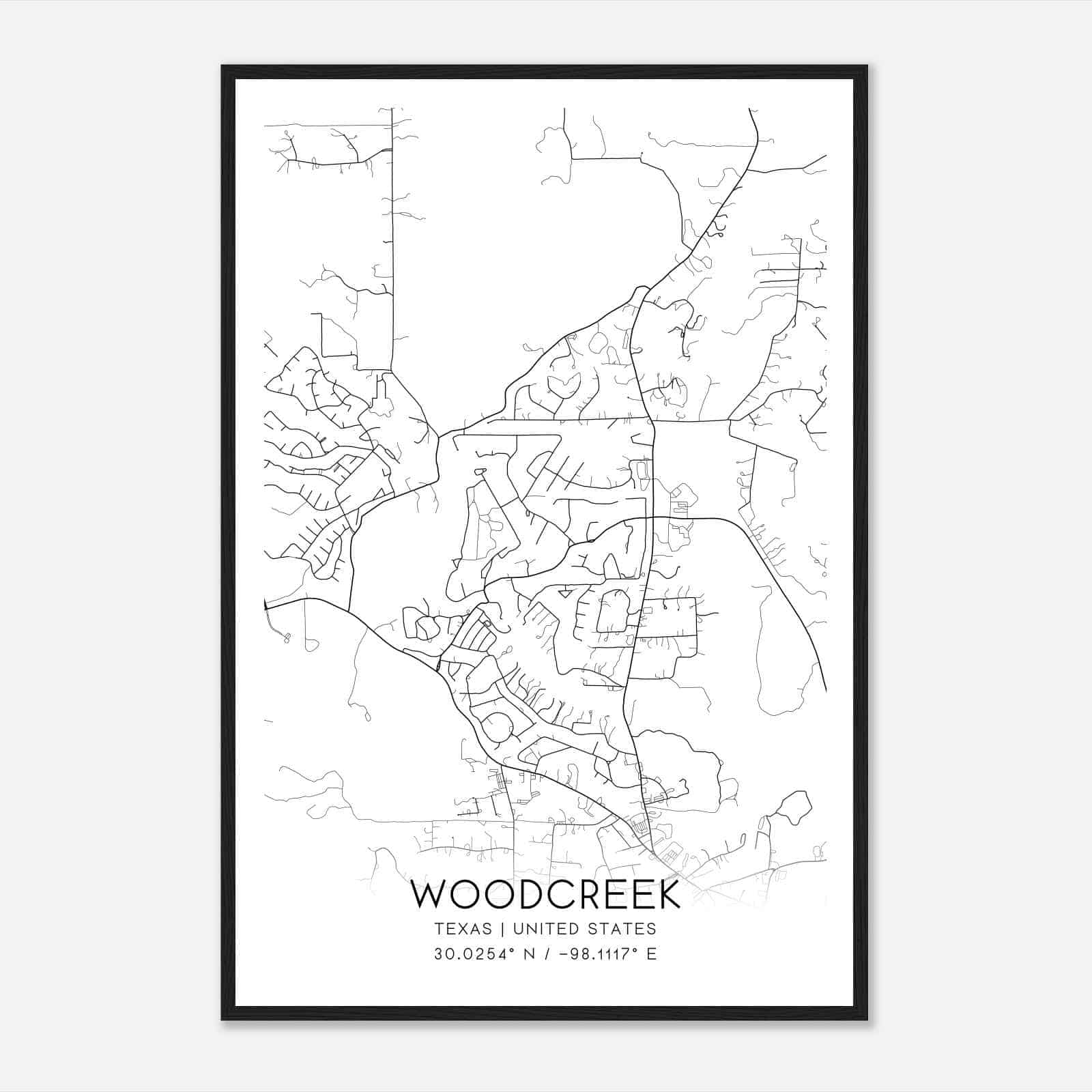 Woodcreek Texas Map Poster, Modern Home Decor Wall Art Print