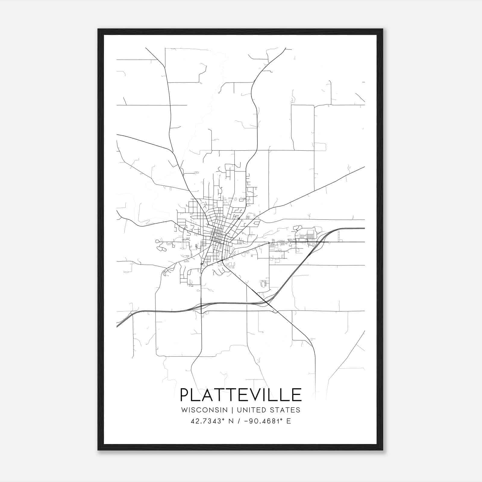 Platteville Wisconsin Map Poster, Modern Home Decor Wall Art Print