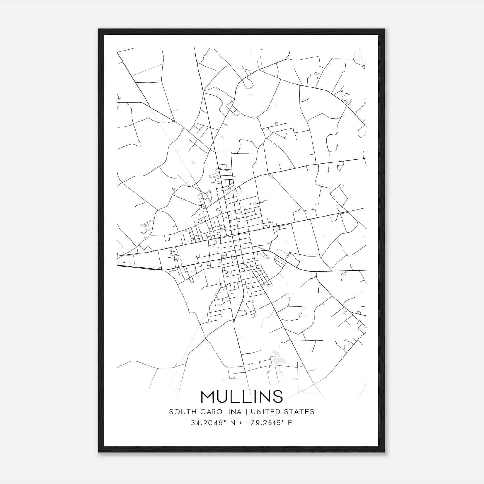 Mullins South Carolina Map Poster, Modern Home Decor Wall Art Print