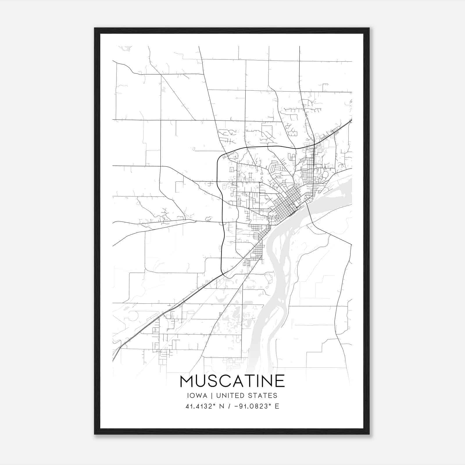 Muscatine Iowa Map Poster, Modern Home Decor Wall Art Print