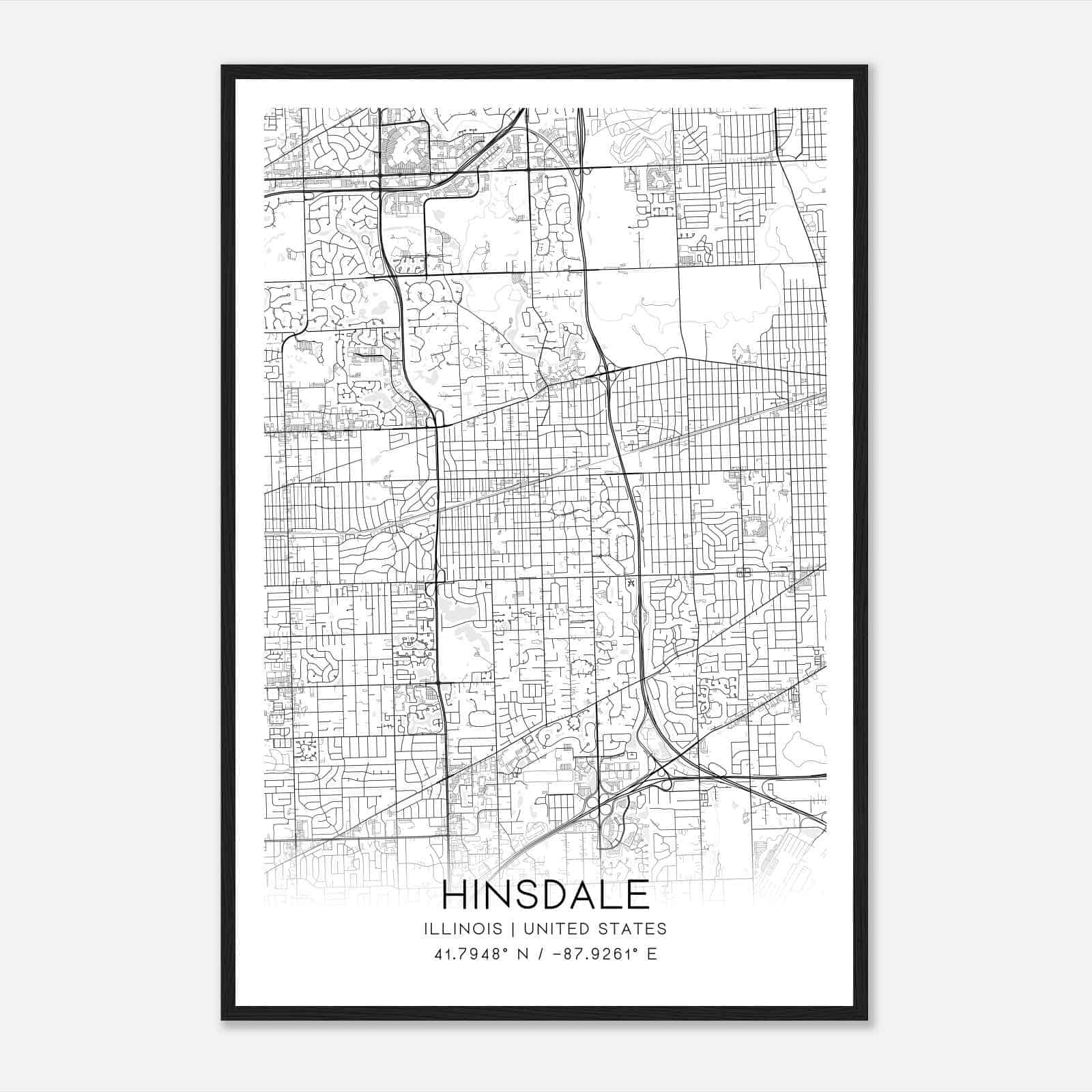 Hinsdale Illinois Map Poster, Modern Home Decor Wall Art Print