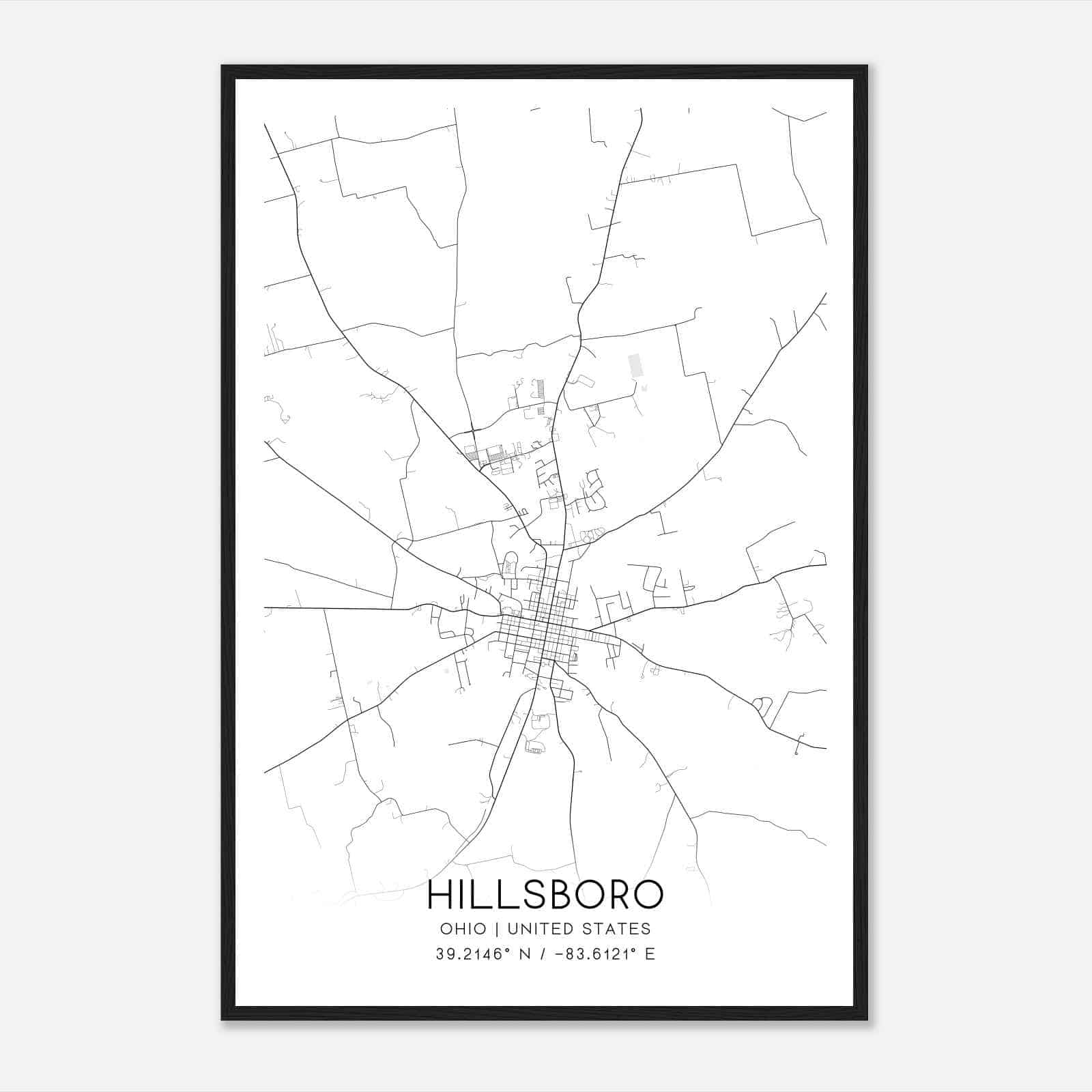 Hillsboro Ohio Map Poster, Modern Home Decor Wall Art Print